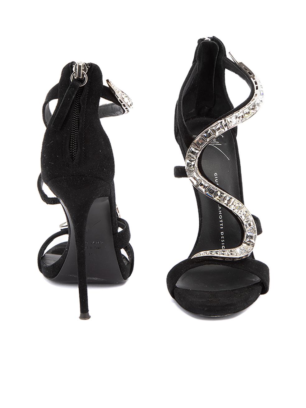 Giuseppe Zanotti Women's Black Crystal Embellished Heeled Sandals In Excellent Condition For Sale In London, GB