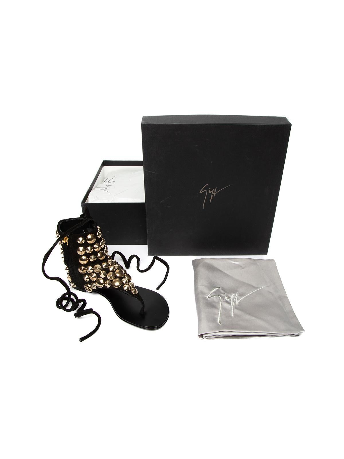Giuseppe Zanotti Women's Black Studded Suede Ankle Wrap Flat Sandals In Excellent Condition In London, GB