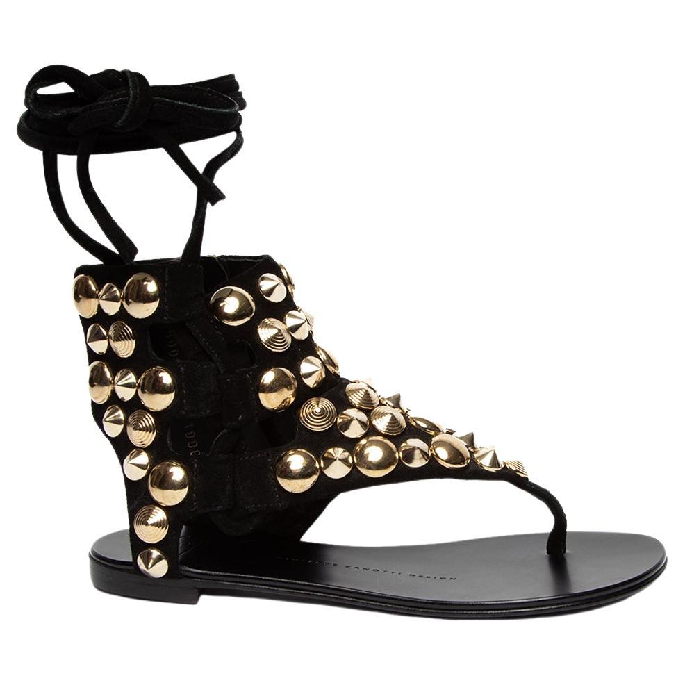 Giuseppe Zanotti Women's Black Studded Suede Ankle Wrap Flat Sandals