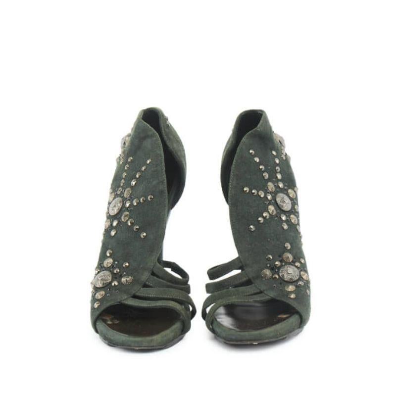Gray Giuseppe Zanotti Women's Green Suede Embellished Studded Open Toe Heels For Sale