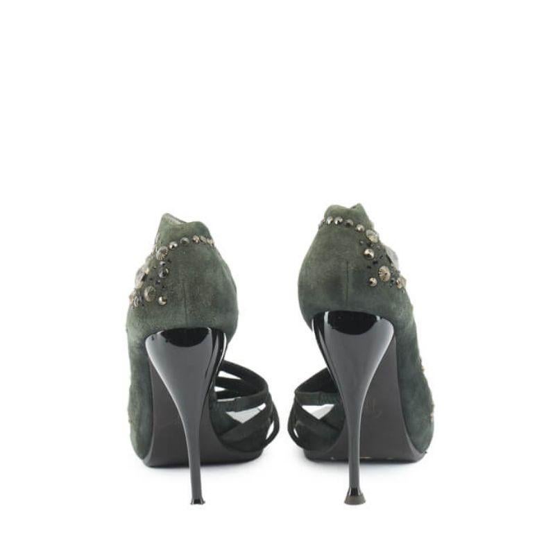 Giuseppe Zanotti Women's Green Suede Embellished Studded Open Toe Heels In Good Condition For Sale In London, GB