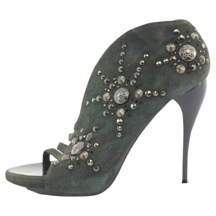 Giuseppe Zanotti Women's Green Suede Embellished Studded Open Toe Heels For Sale