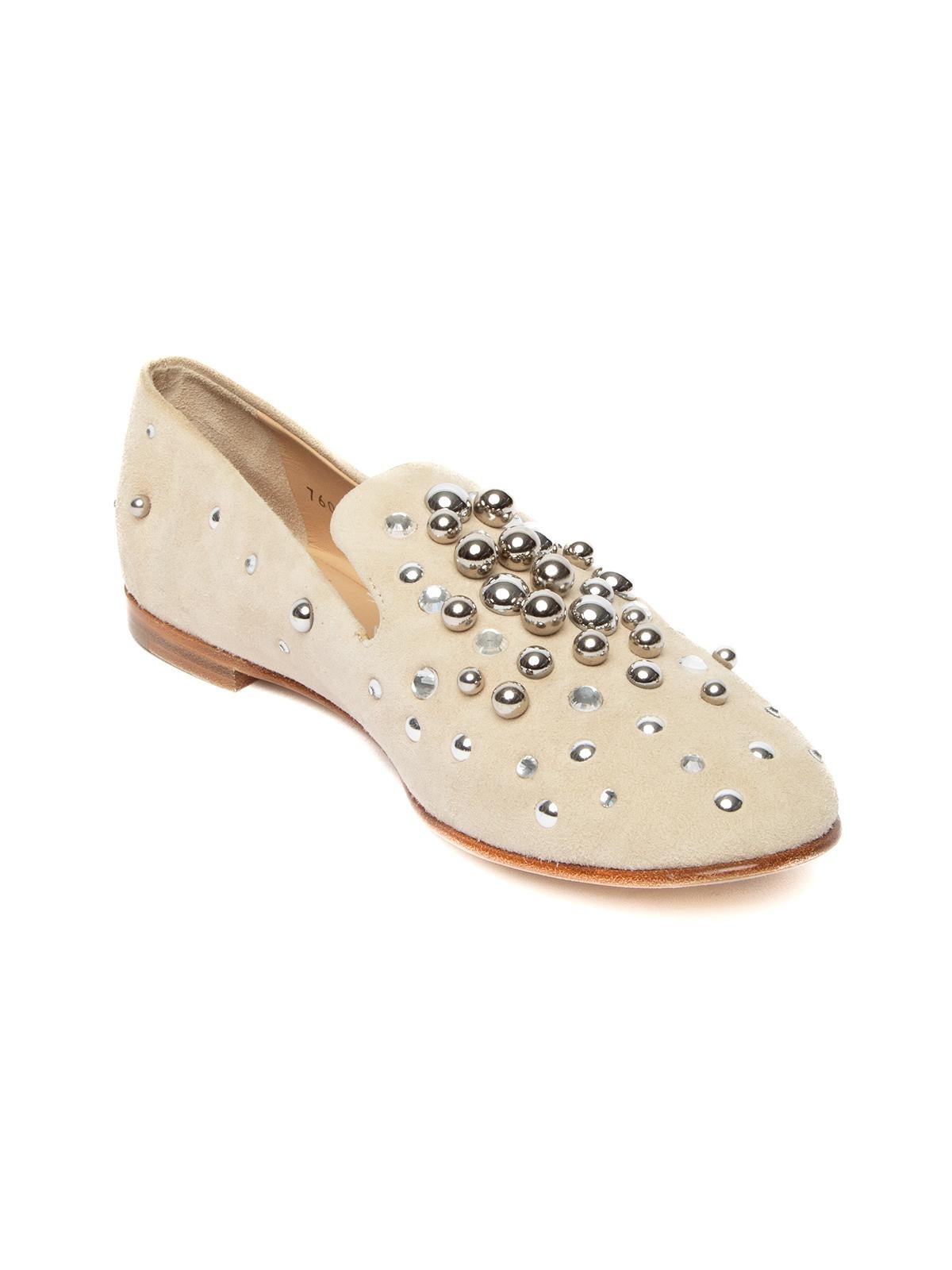 Condition is never worn, with tag. Original box and dust bag included. Details beige suede branded insole flat sole Size Fits true to size Fabric Suede Giuseppe Zanotti Women's Studded Slippers