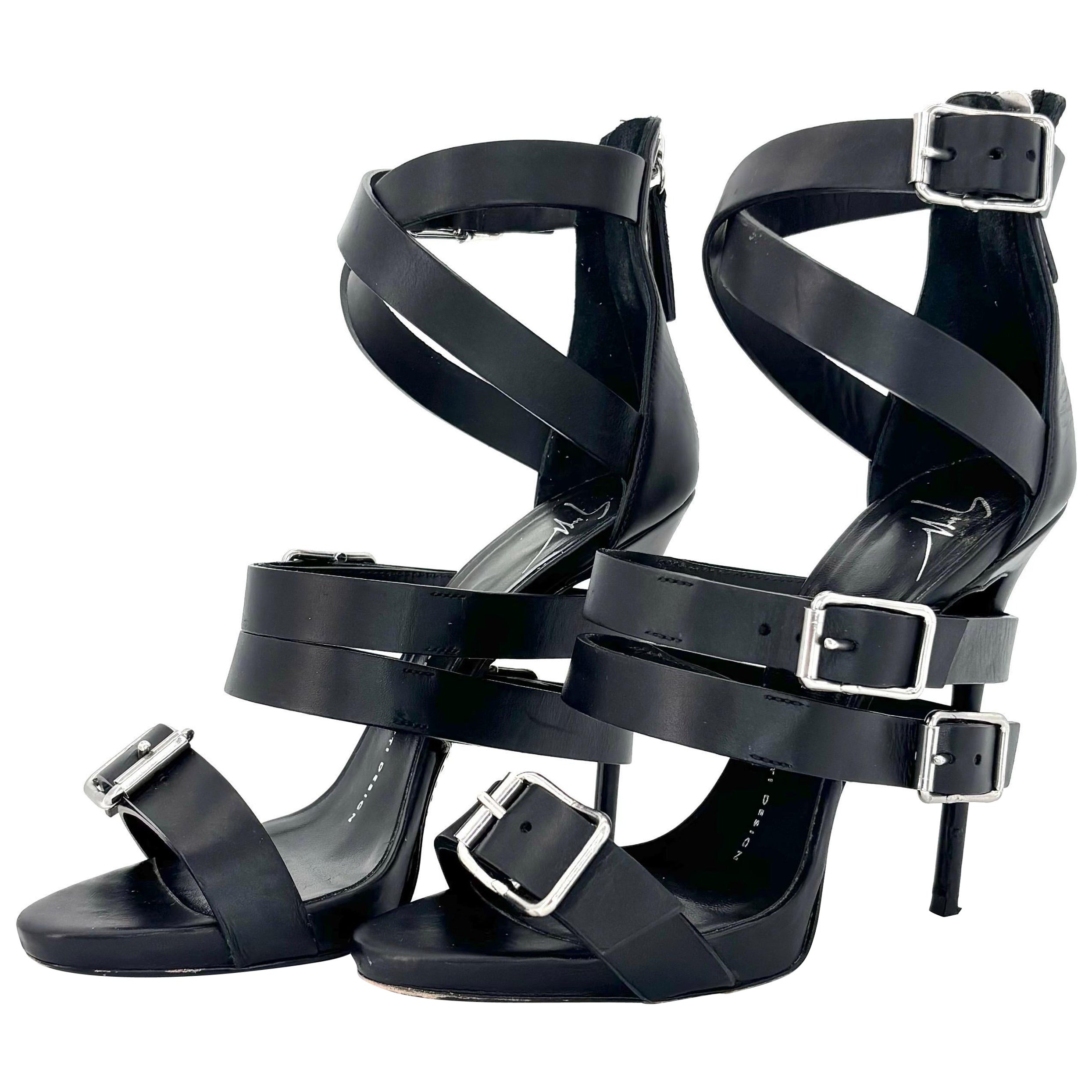 Giuseppe Zanotti Wraparound Buckle Black Strappy Gladiator Stiletto Sandals 37