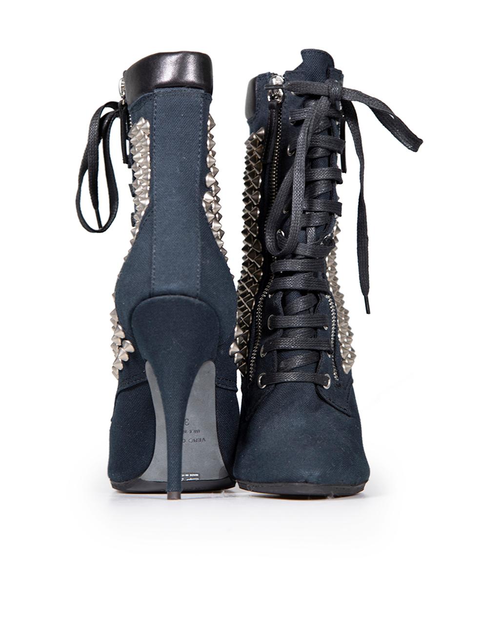 Giuseppe Zanotti x Balmain Navy Studded Zip Lace-Up Boots Size IT 39 In Good Condition For Sale In London, GB