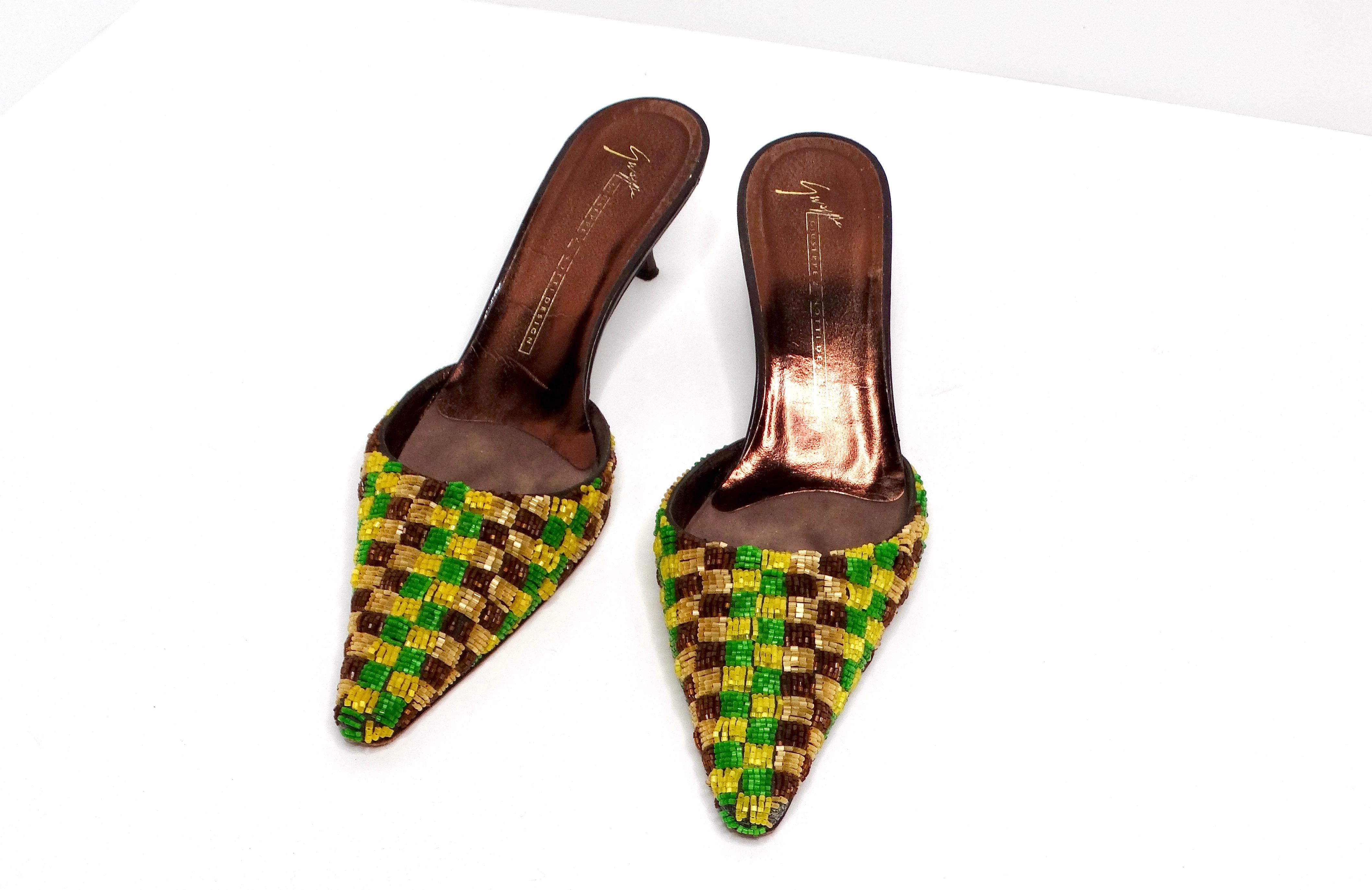 Giuseppe Zanotti Y2K Verde y Amarillo Mules de tacón de gatito a cuadros con cuentas Marrón en venta