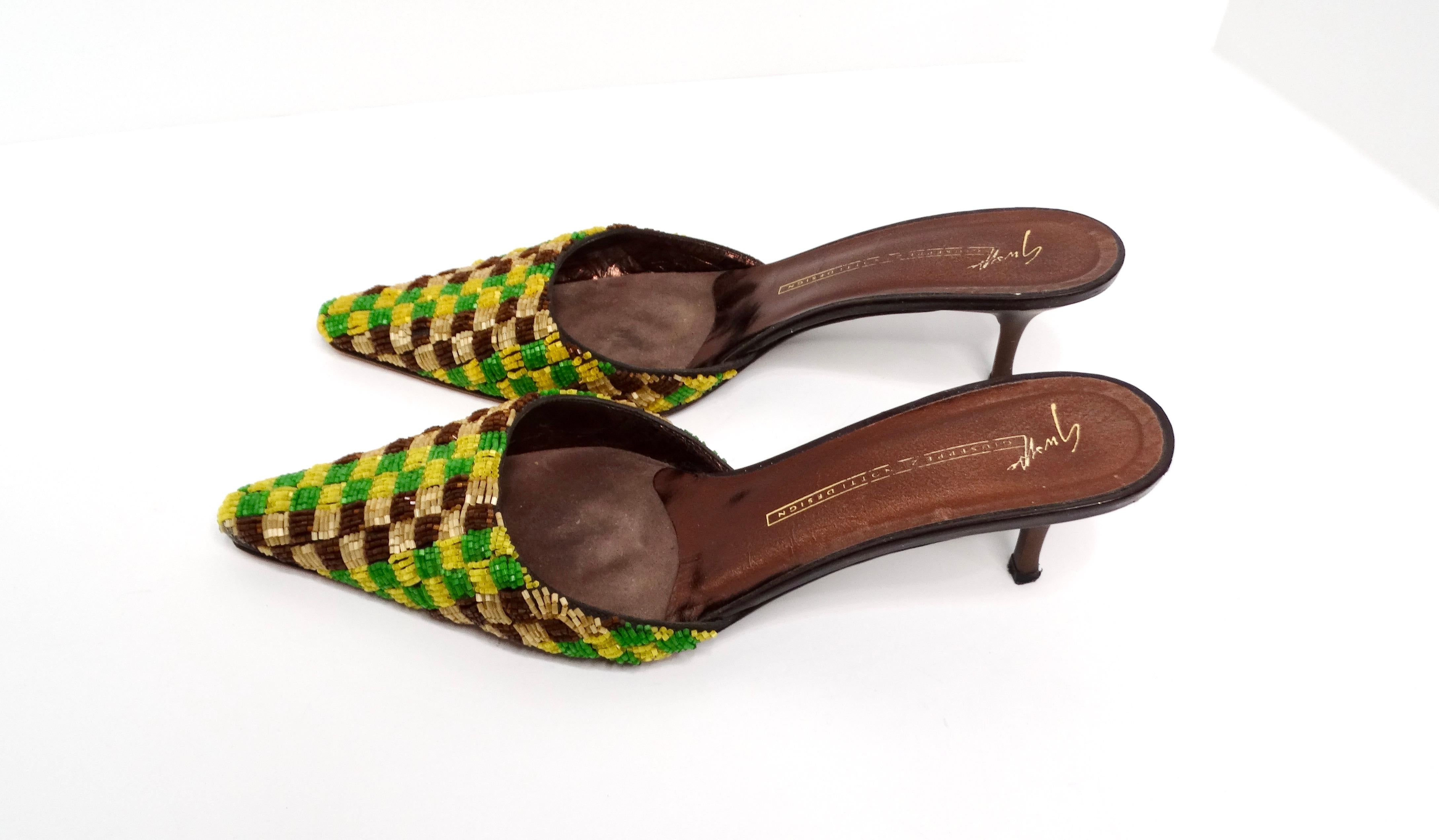 Giuseppe Zanotti Y2K Verde y Amarillo Mules de tacón de gatito a cuadros con cuentas en Bueno estado para la venta en Scottsdale, AZ