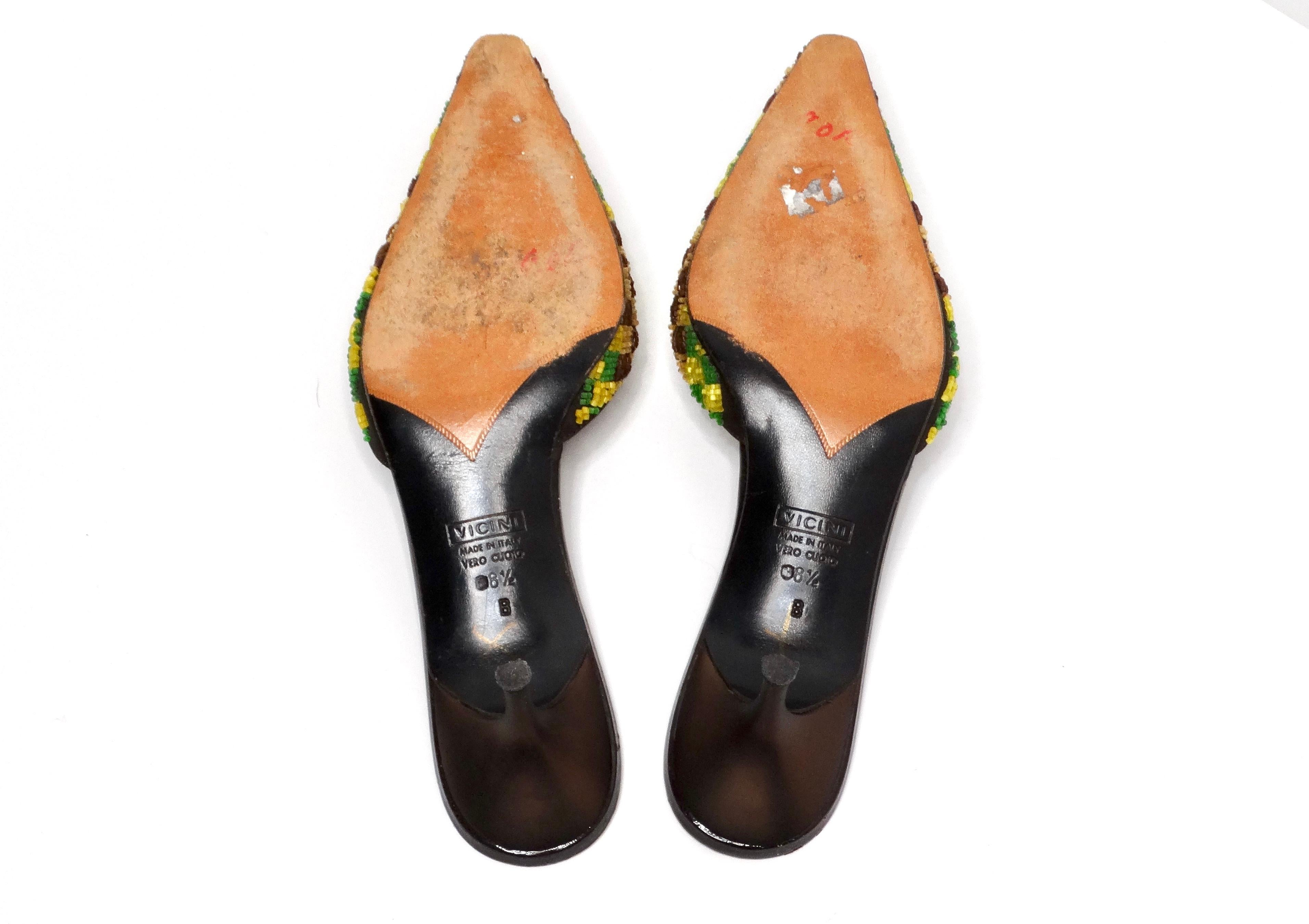 Giuseppe Zanotti Y2K Verde y Amarillo Mules de tacón de gatito a cuadros con cuentas en venta 2