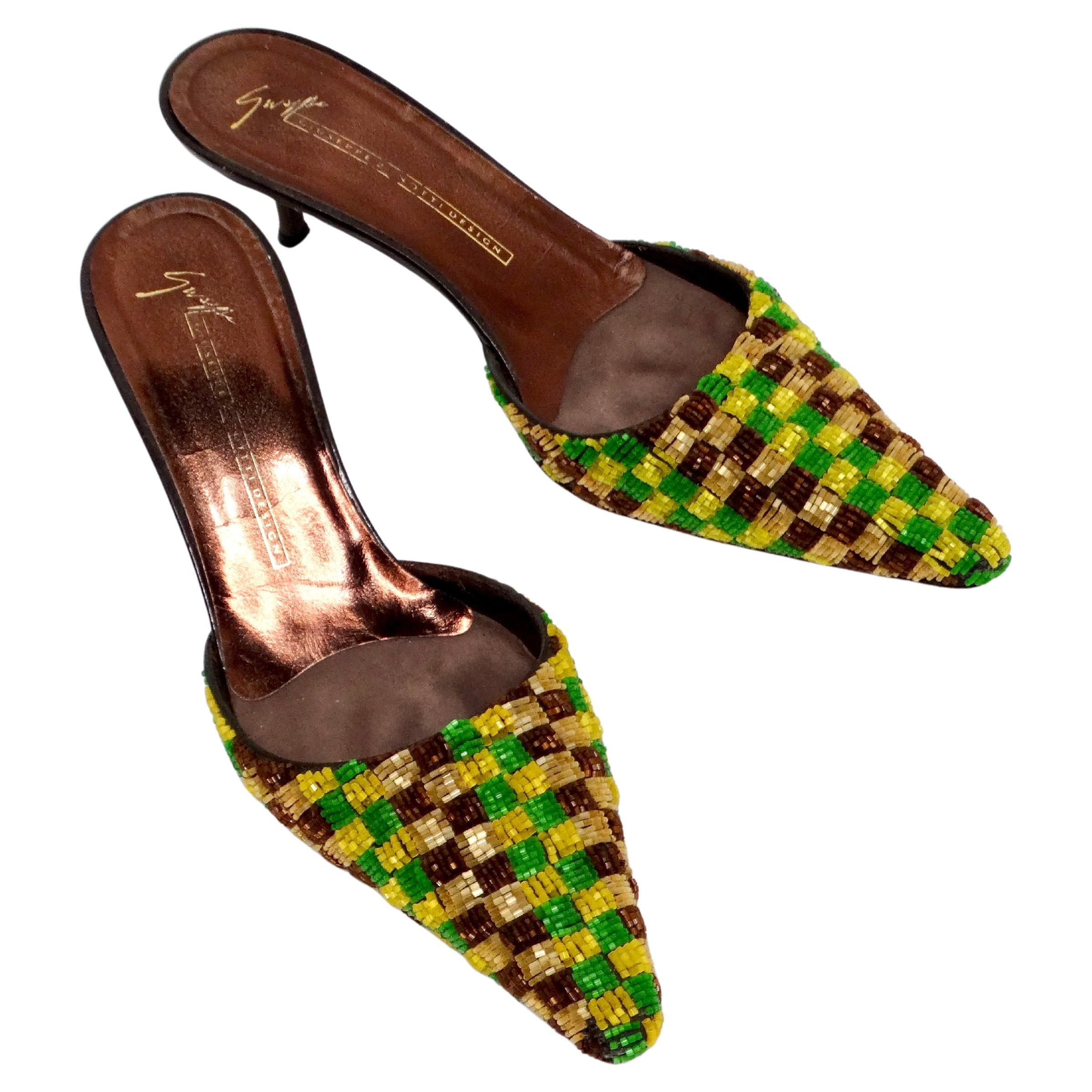 Giuseppe Zanotti Y2K Verde y Amarillo Mules de tacón de gatito a cuadros con cuentas en venta