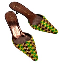 Giuseppe Zanotti Y2K Green & Yellow Beaded Checkered Kitten-Heel Mules