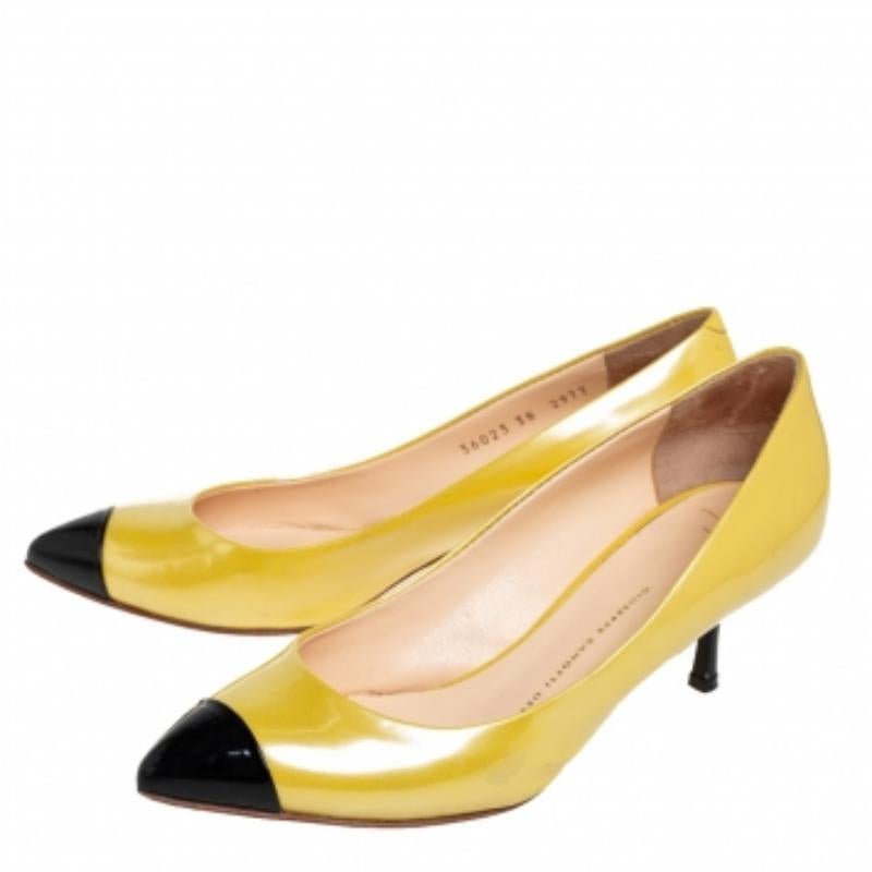 Orange Giuseppe Zanotti Yellow/Black Patent Leather Cap Toe Pumps Size 38 For Sale