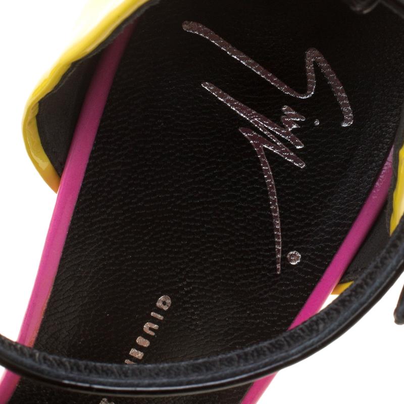 Women's Giuseppe Zanotti Yellow/Black Patent Leather Peep Toe Platform Sandals Size 37