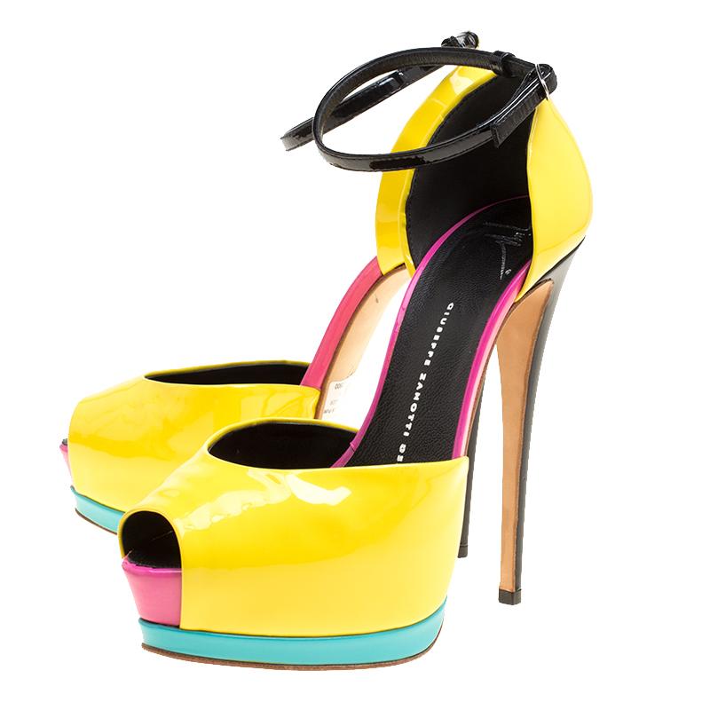 Giuseppe Zanotti Yellow/Black Patent Leather Peep Toe Platform Sandals Size 37 1