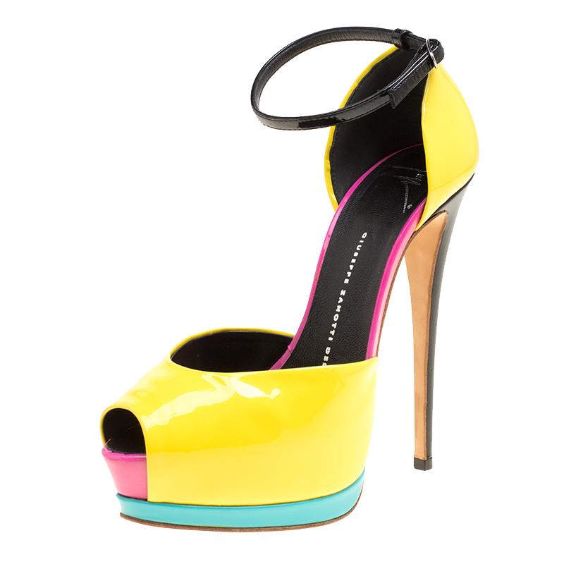 Giuseppe Zanotti Yellow/Black Patent Leather Peep Toe Platform Sandals Size 37