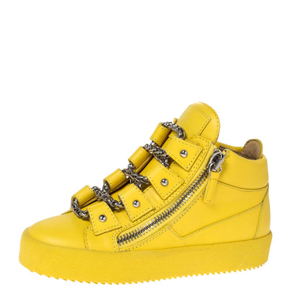 Giuseppe Zanotti Yellow Leather Gold Chain Laces Dual Zip Sneakers Size 35 5