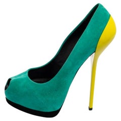 Giuseppe Zanotti Yellow Suede And Patent Leather Peep Toe Platform Pumps Size 37