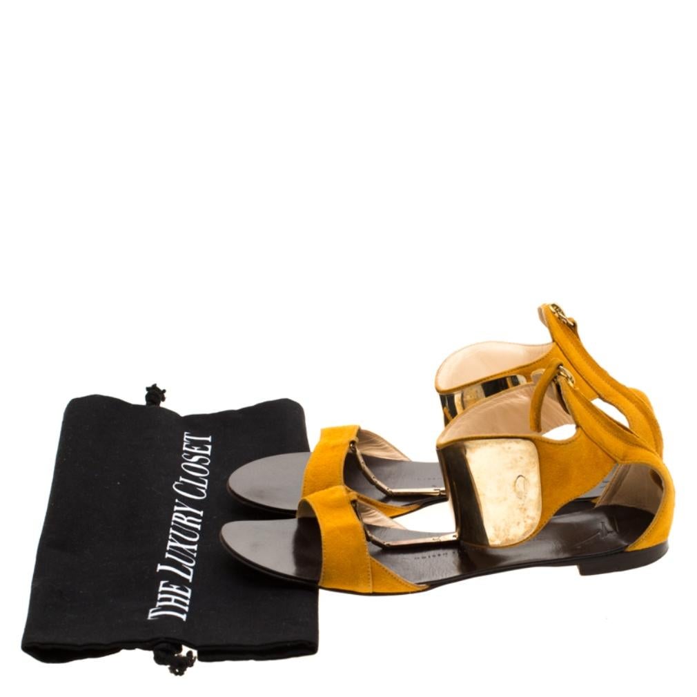 Giuseppe Zanotti Yellow Suede Chain T Strap Ankle Cuff Flats Sandals Size 37 4