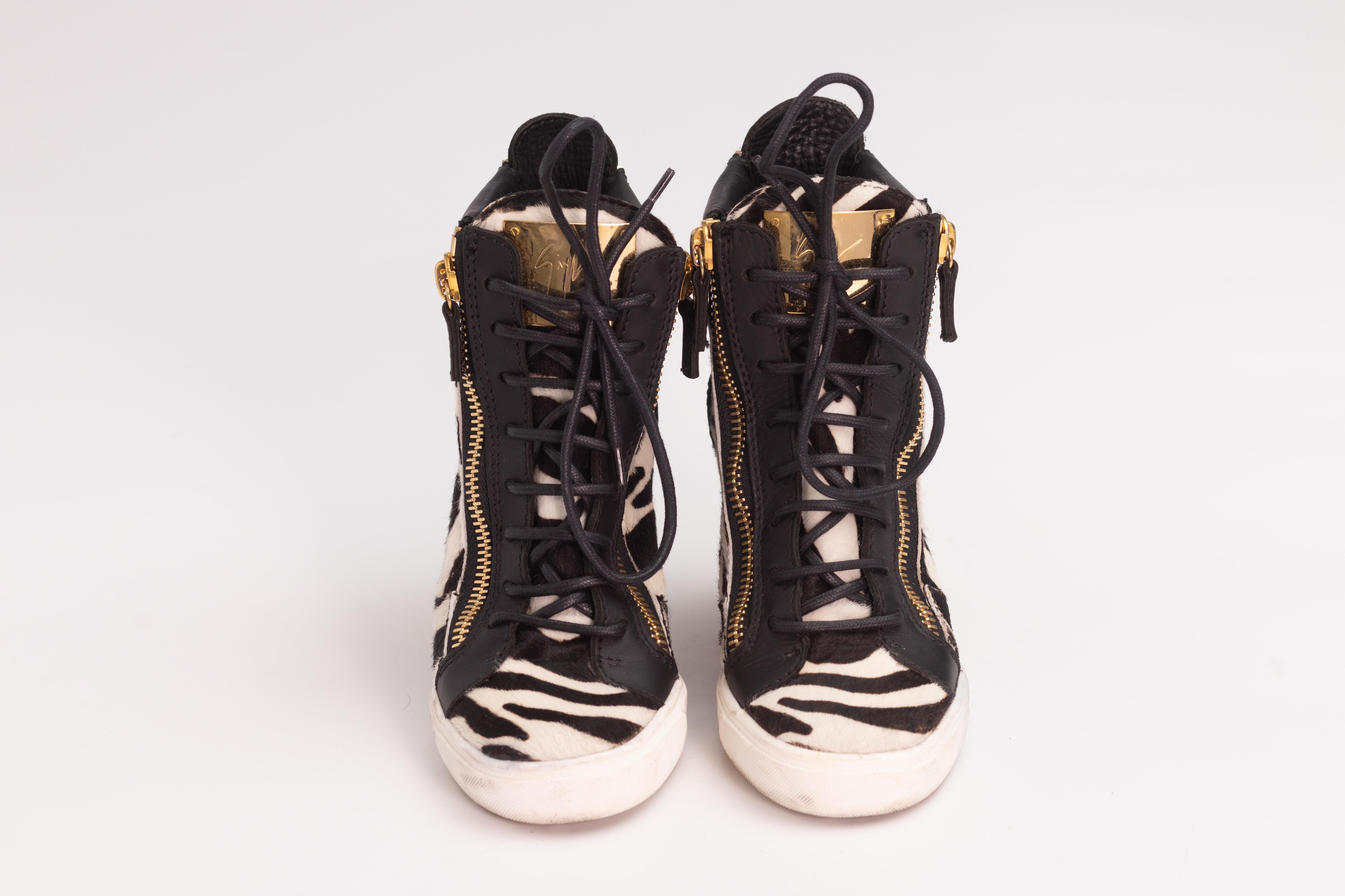 Black Giuseppe Zanotti Zebra Print Wedge Sneakers (EU 36) For Sale