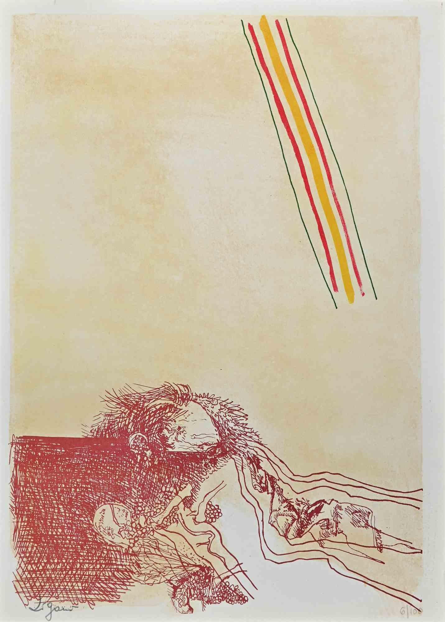 Composition is a wonderful colored lithograph on paper, realized in 1973 by the Italian artist  Giuseppe Zigaina, and published by La Nuova Foglio, the publishing house of Macerata.

Hand-signed and numbered in pencil on the lower margin. Edition of