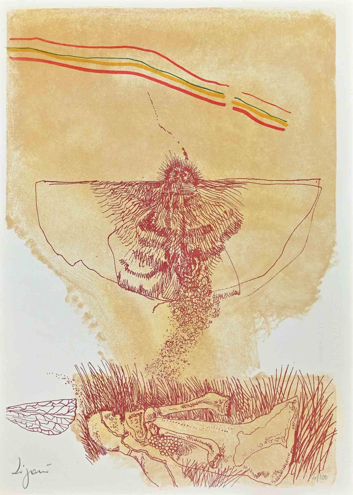 The Moth - Original Lithograph by Giuseppe Zigaina - 1973