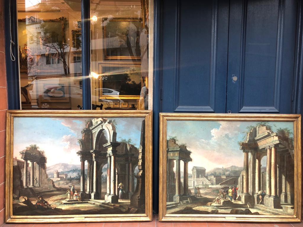 Serene C18th Pair of Architectural Capricci Oil Paintings of Classical Ruins 7