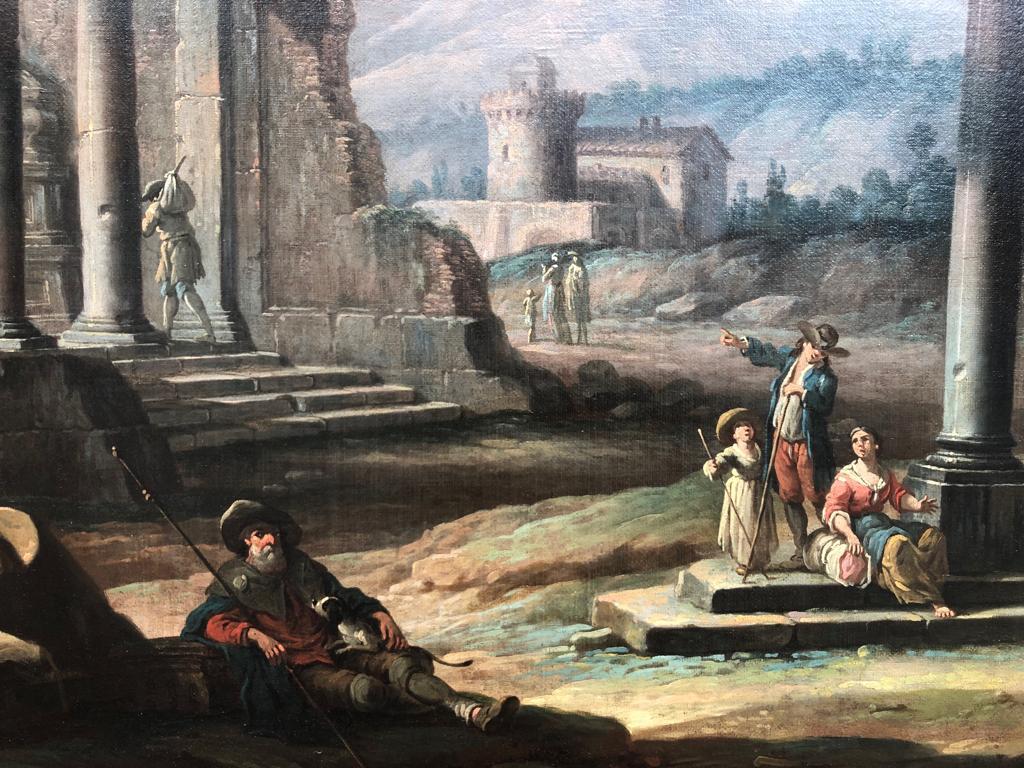 Serene C18th Pair of Architectural Capricci Oil Paintings of Classical Ruins 4