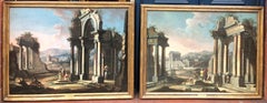 Serene C18th Pair of Architectural Capricci Oil Paintings of Classical Ruins