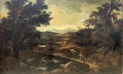 "Landscape with wooden bridge and figures"