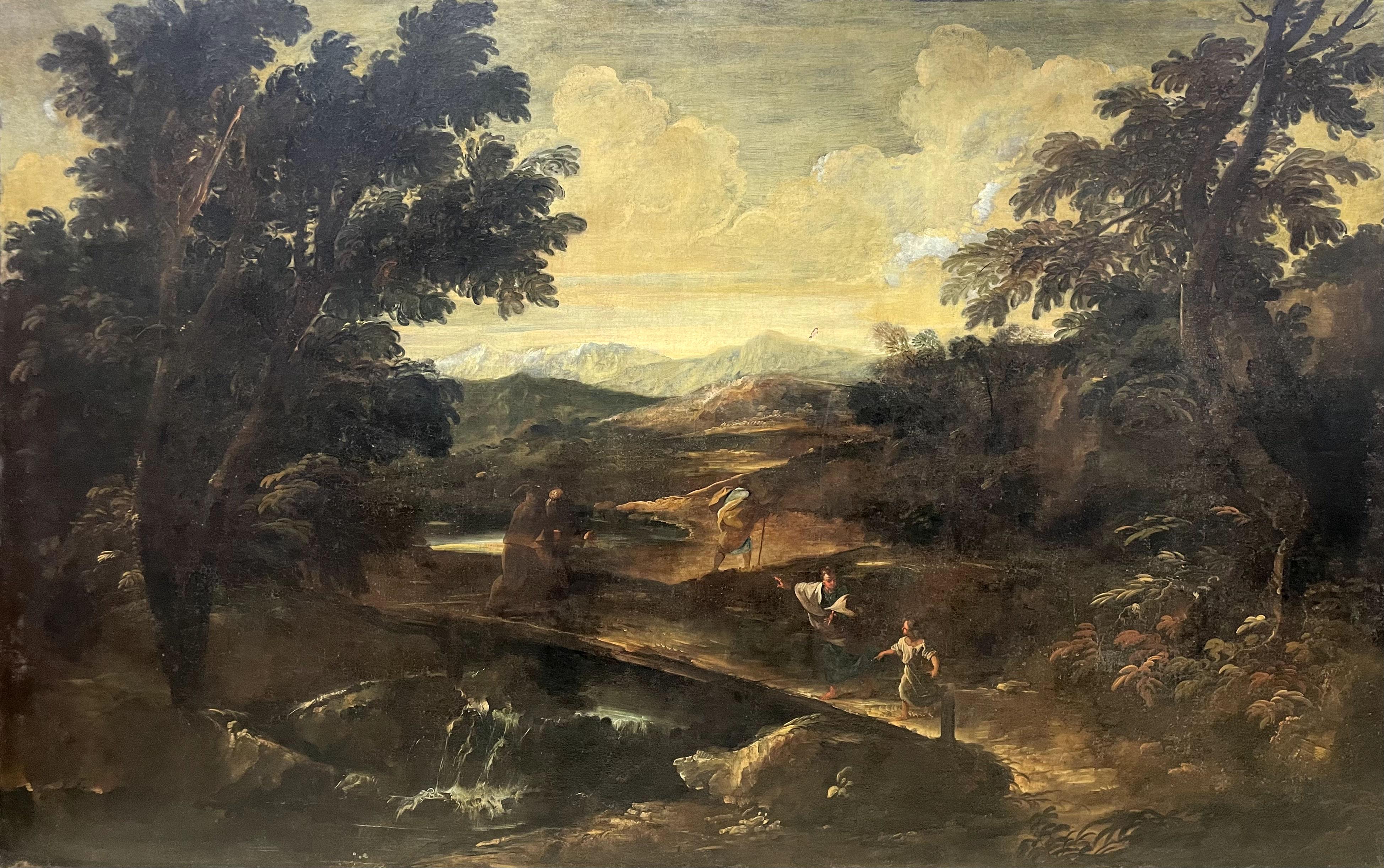"Landschaft mit Holzbrücke und Figuren"