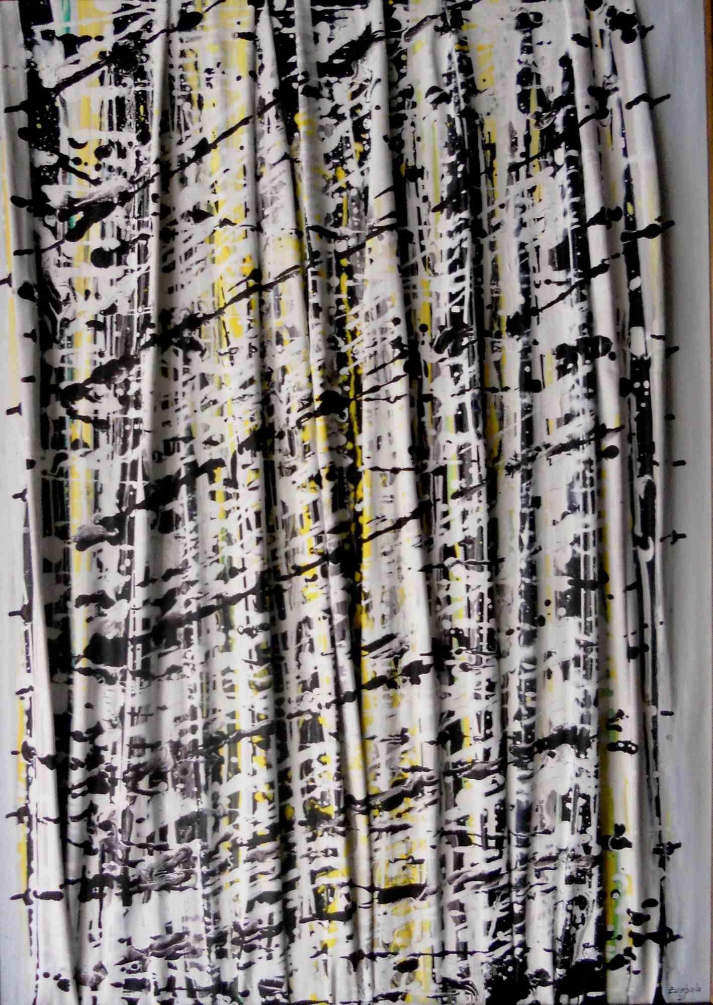 Black and White with Yellow Intrusion is one of the best works of the artist Giuseppe Zumbolo. It is made on canvas, painted in acrylic in 2021.

With frame. The painting is made of acrylic on vertically folded canvas. The folds of the canvas, made