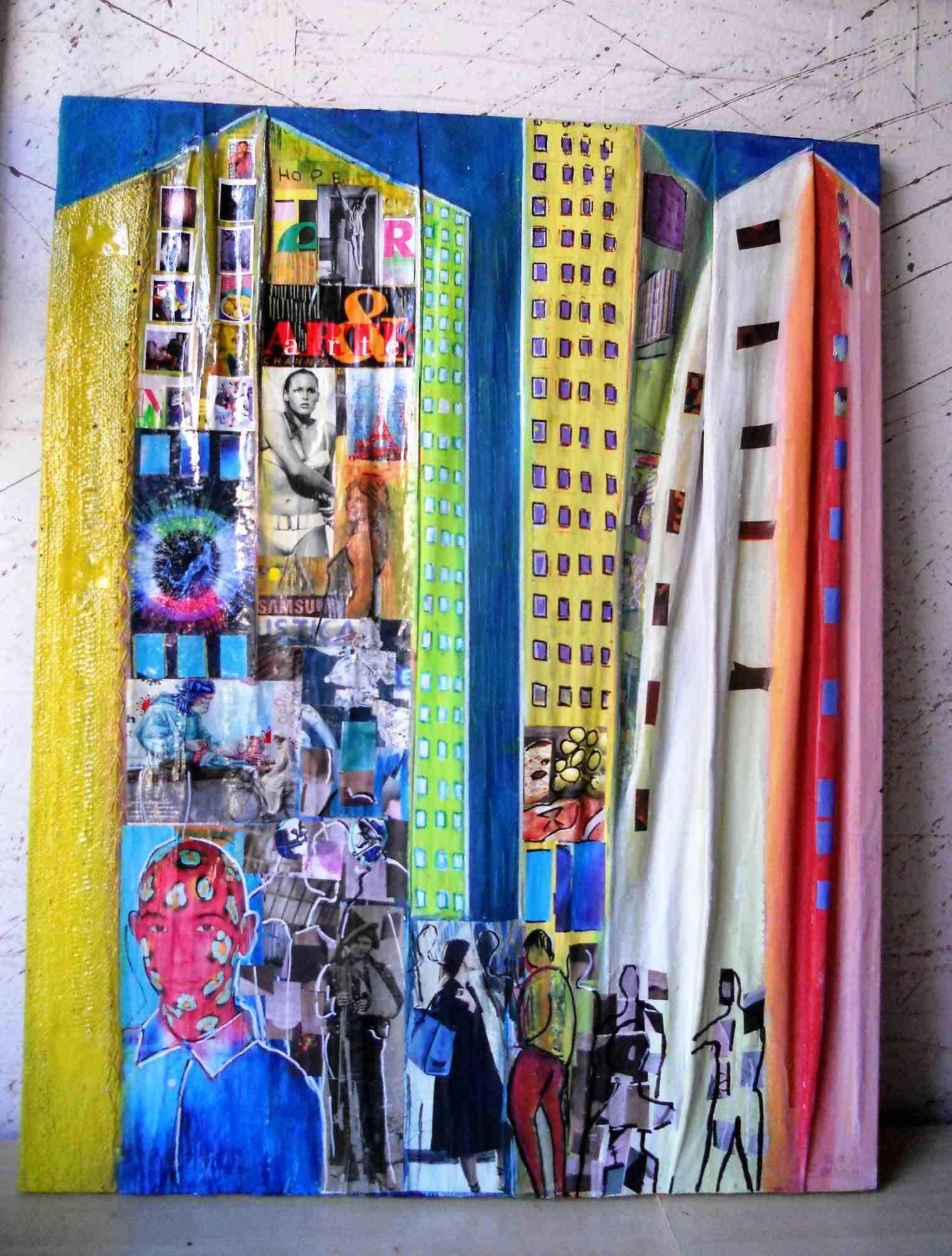 Das Leben in der Stadt ist eines der besten Werke des Künstlers Giuseppe Zumbolo. Es ist auf Leinwand in Mischtechnik gemalt, im Jahr 2019.

Das Werk ist mit gemischten Medien auf Leinwand hergestellt. Enthält Collage, Acrylfarbe, Marker, klares