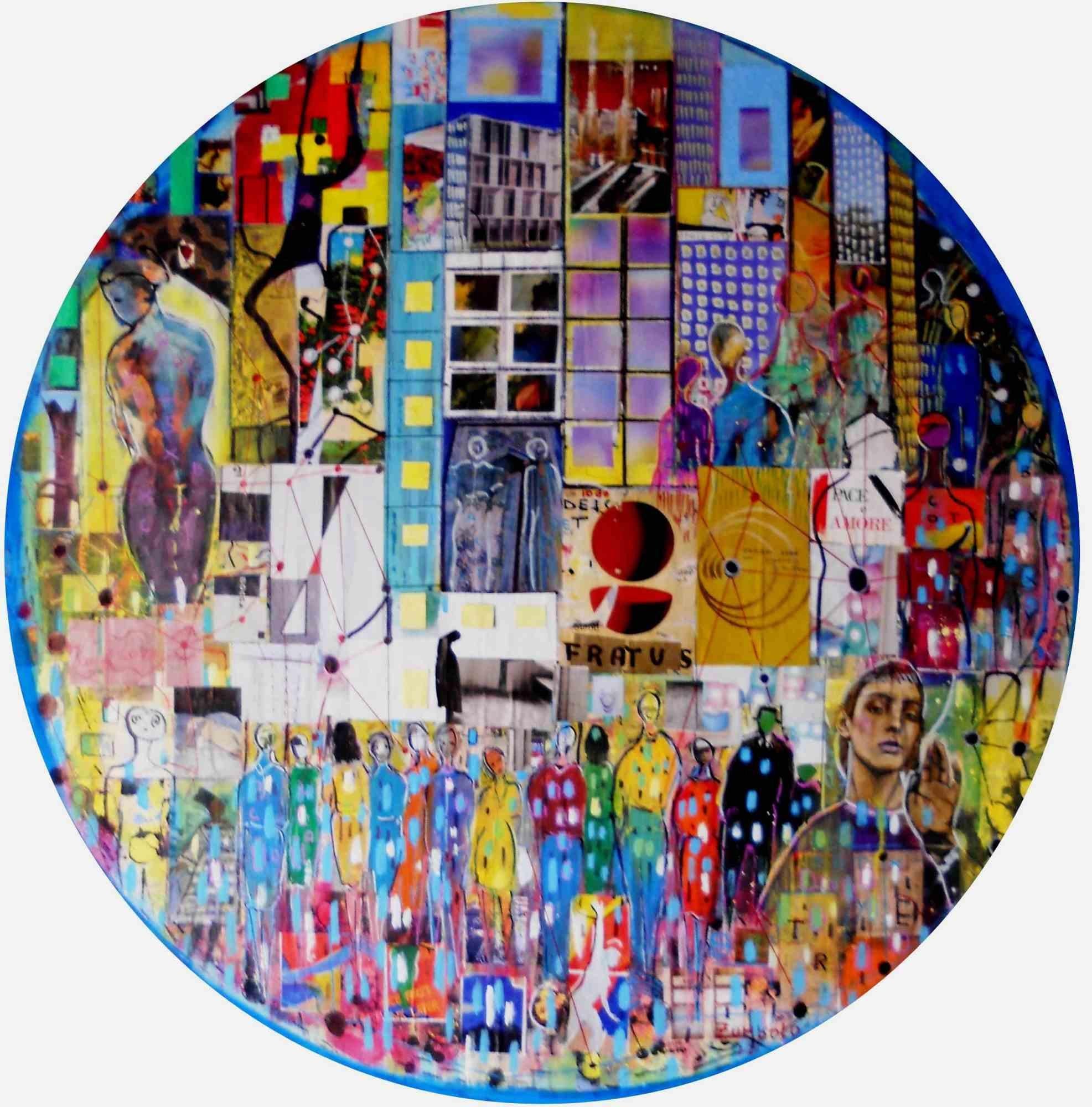 Metropolitan stories. 2022. Mixed technique on wood cm diameter 104 cm. The work is a cross-section of our society. Many images confront and alternate in the painting. The idea is to share a contemporary chronicle of the metropolis, where everything
