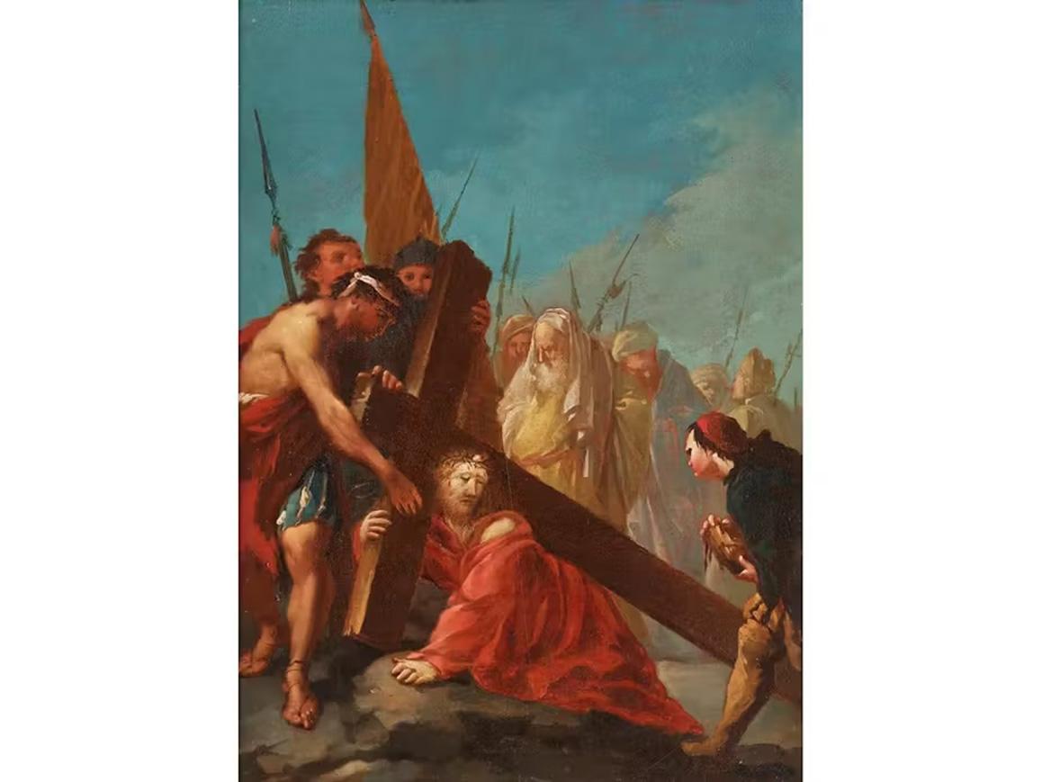 Huile sur toile Ascent to Calvary de Giustino Menescardi du 18ème siècle en vente 2