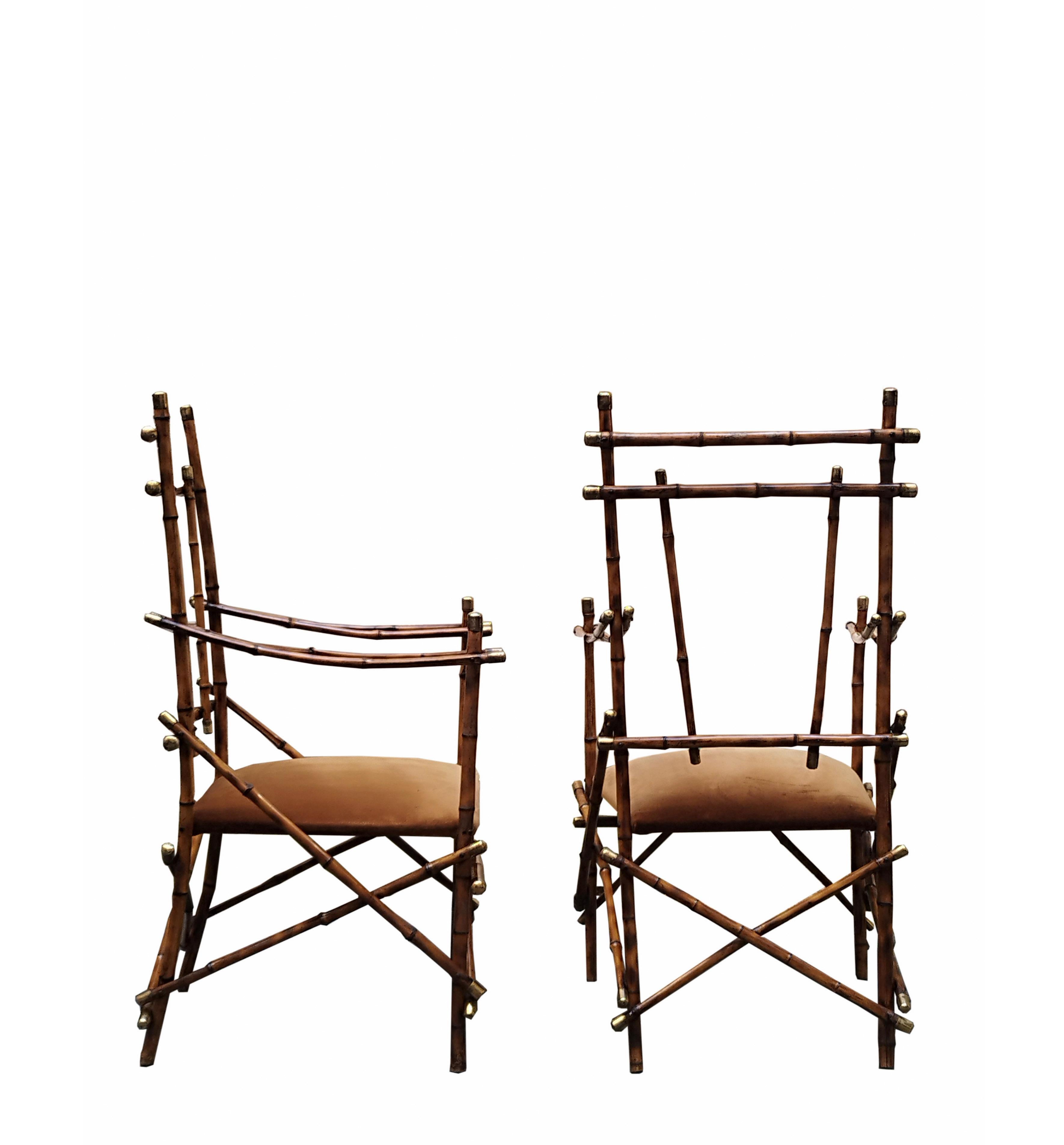 Rare Pair of armchairs with bamboo and brass frame, seat with padding and upholstered in brown fabric,  designed by architect Giusto Puri Purini for Ditta Bottega Gadda, Italy 1970
