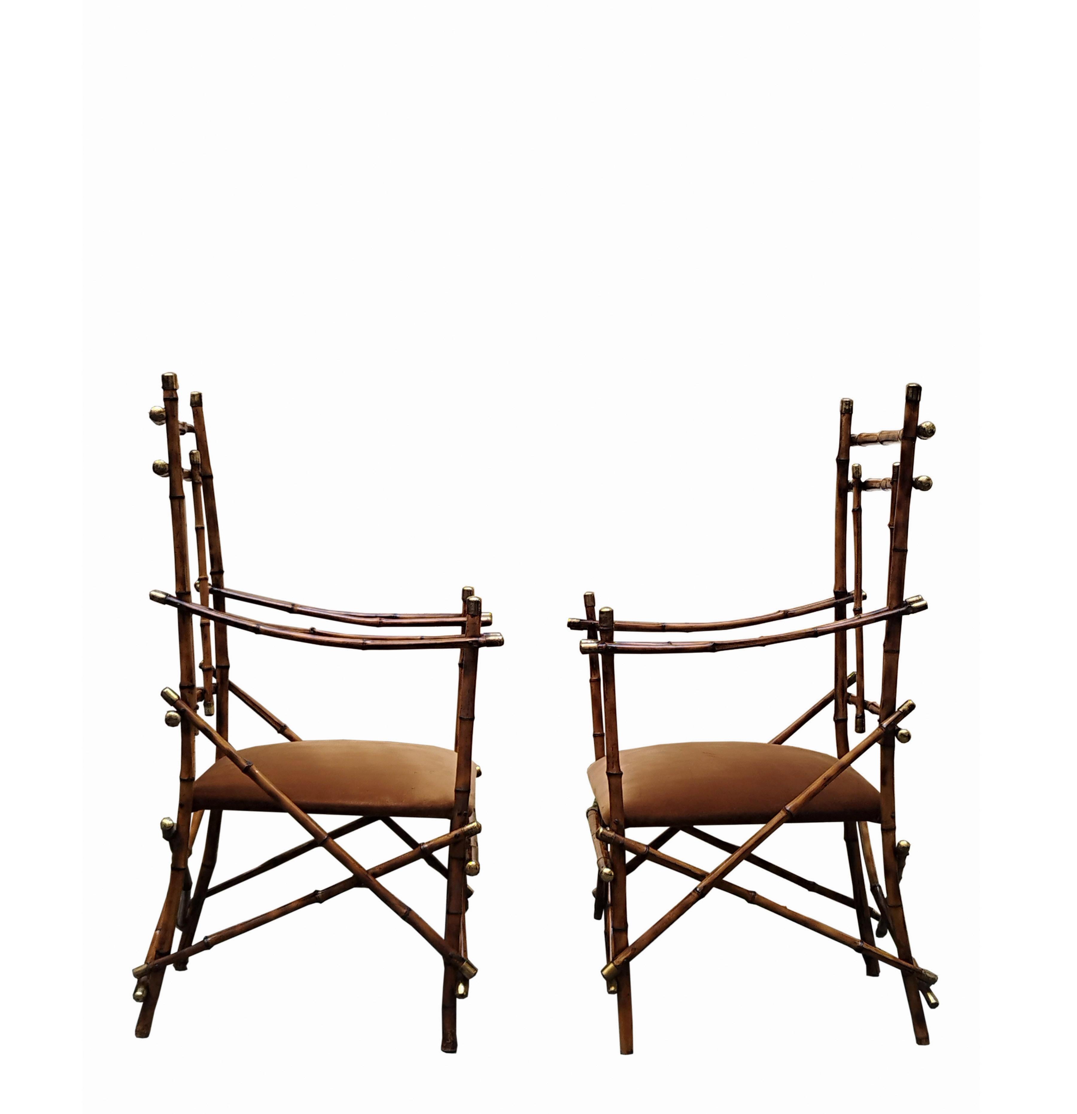 Mid-Century Modern Giusto Puri Purini Pair of Bamboo and Brass Two Armchairs. Italy 1970s For Sale
