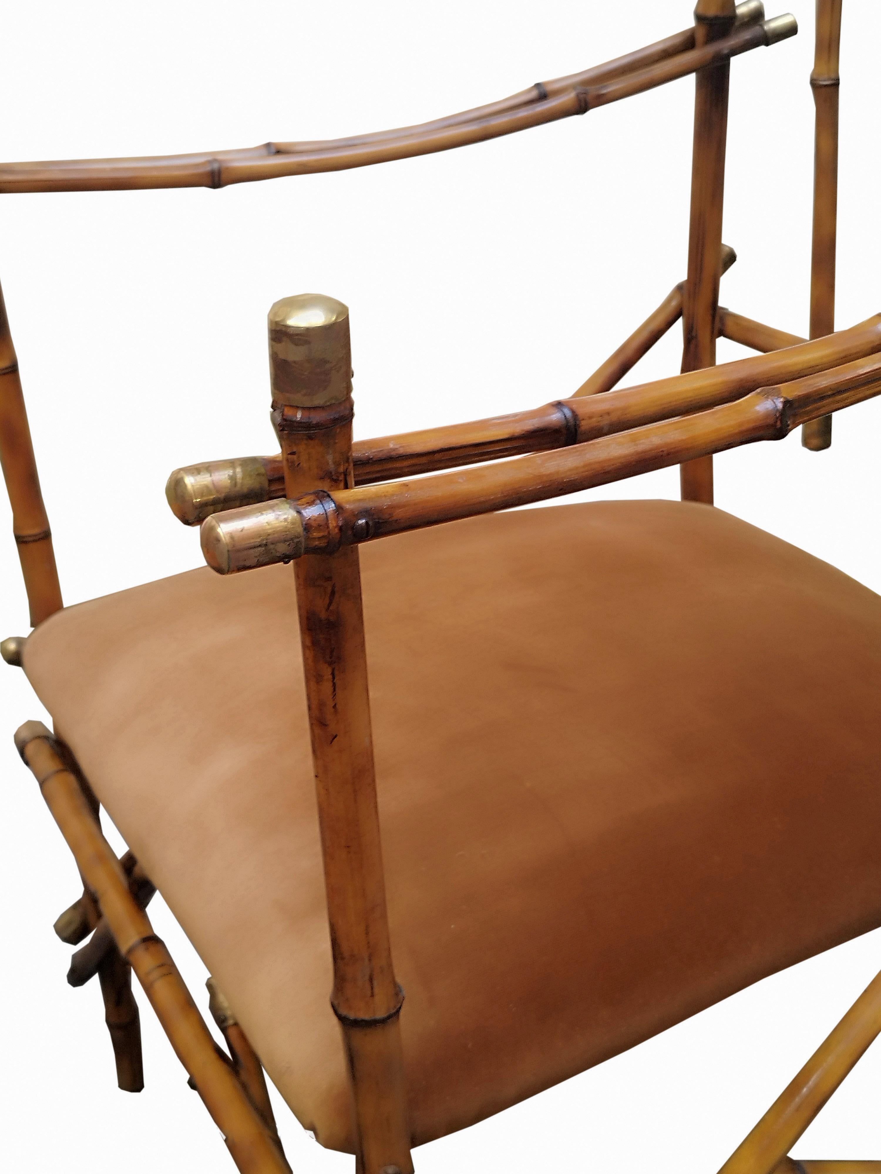 Italian Giusto Puri Purini Pair of Bamboo and Brass Two Armchairs. Italy 1970s For Sale