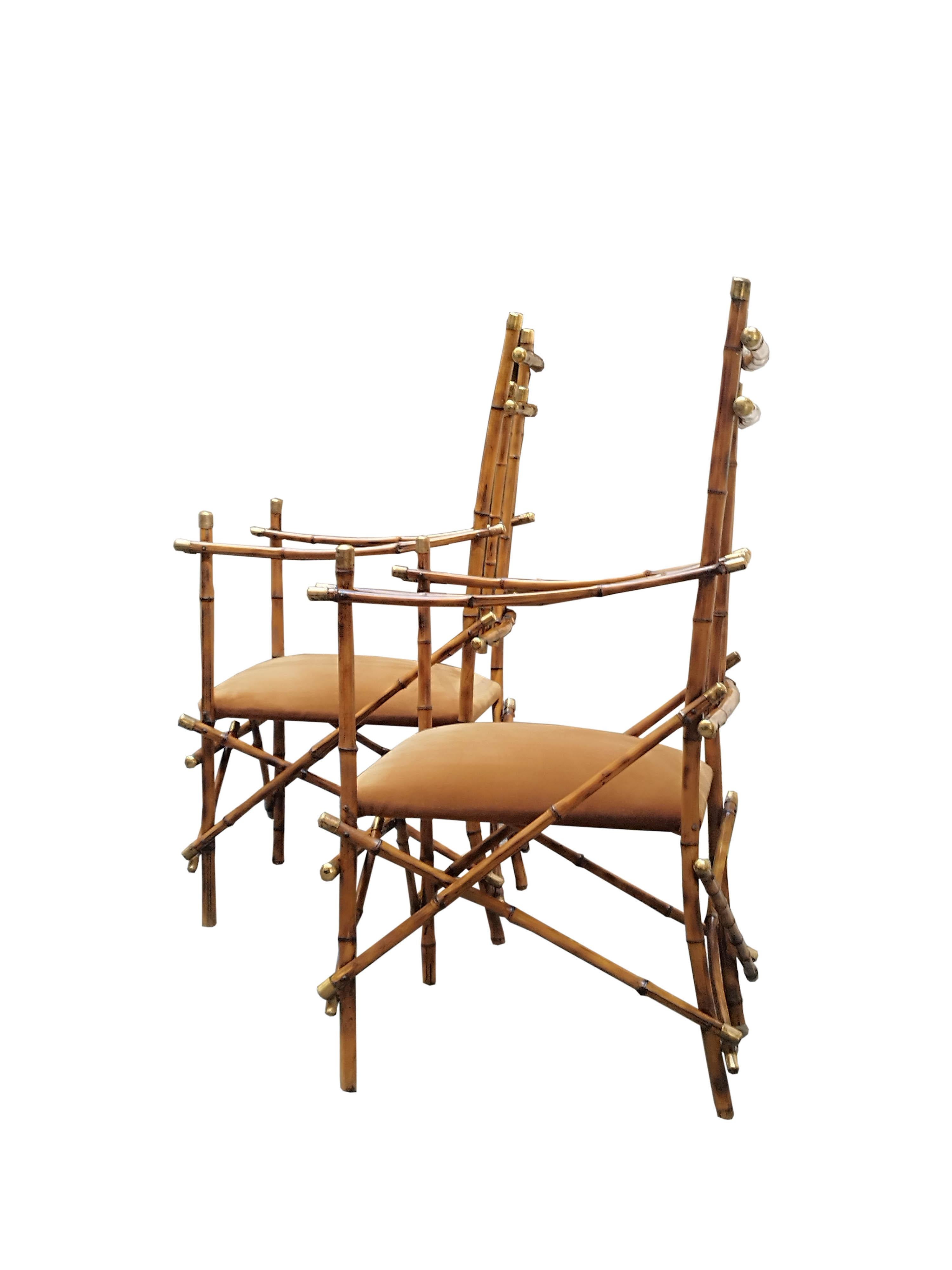 Giusto Puri Purini Pair of Bamboo and Brass Two Armchairs. Italy 1970s In Excellent Condition For Sale In Naples, IT