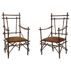 Giusto Puri Purini Pair of Bamboo and Brass Two Armchairs. Italy 1970s