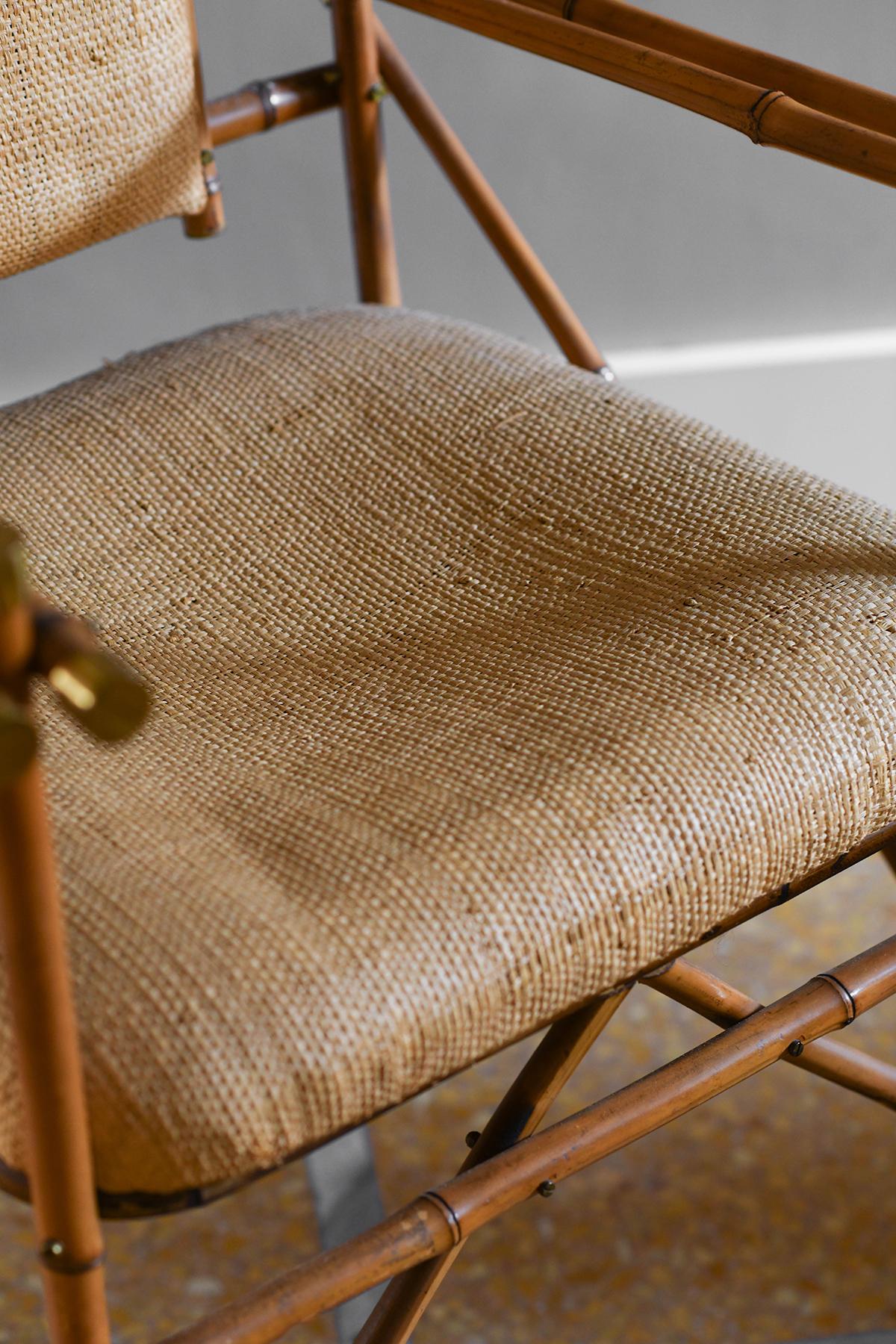 Giusto Puri Purini rattan armchair with brass details and rattan fabric cushions 4