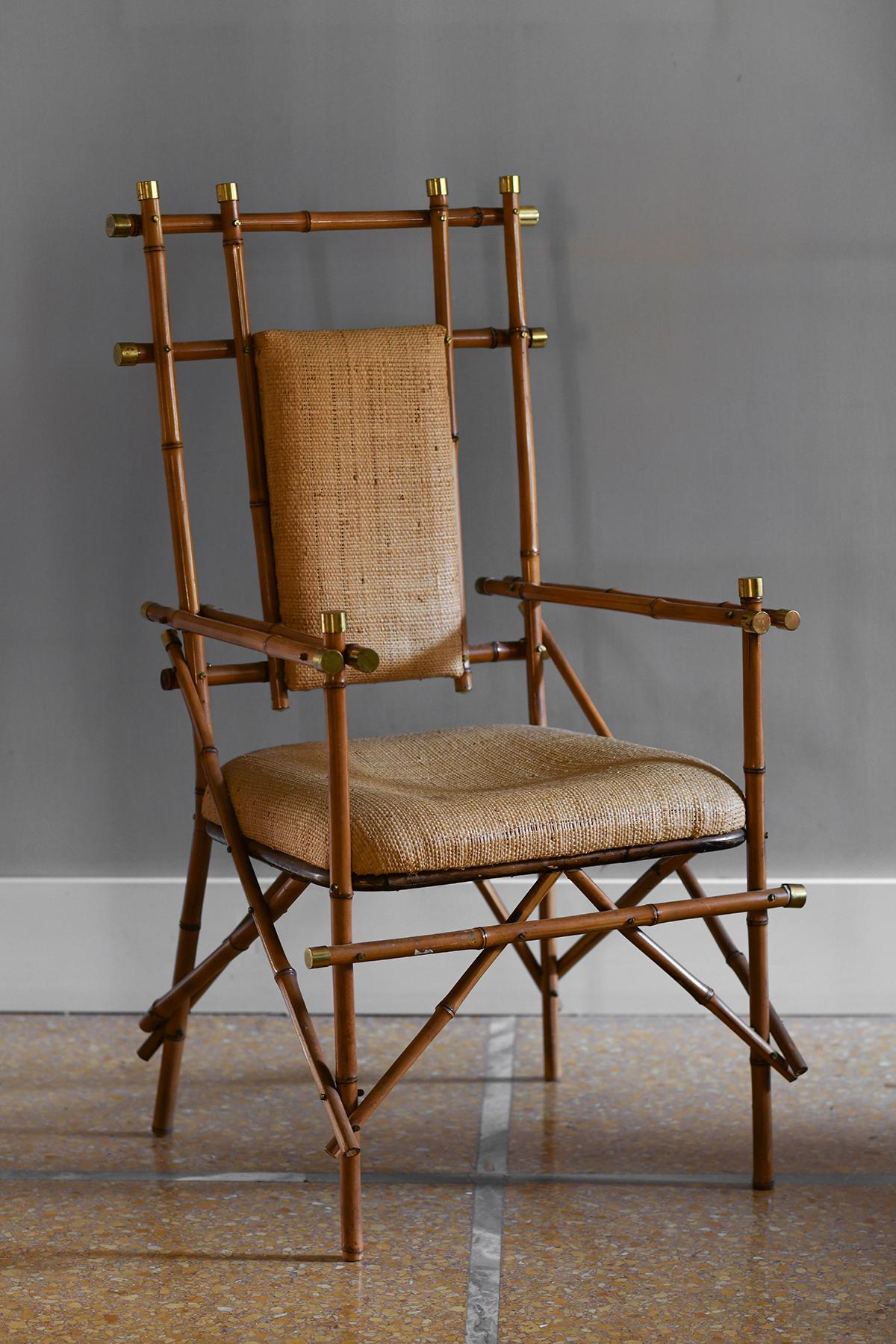 Italian Giusto Puri Purini rattan armchair with brass details and rattan fabric cushions For Sale