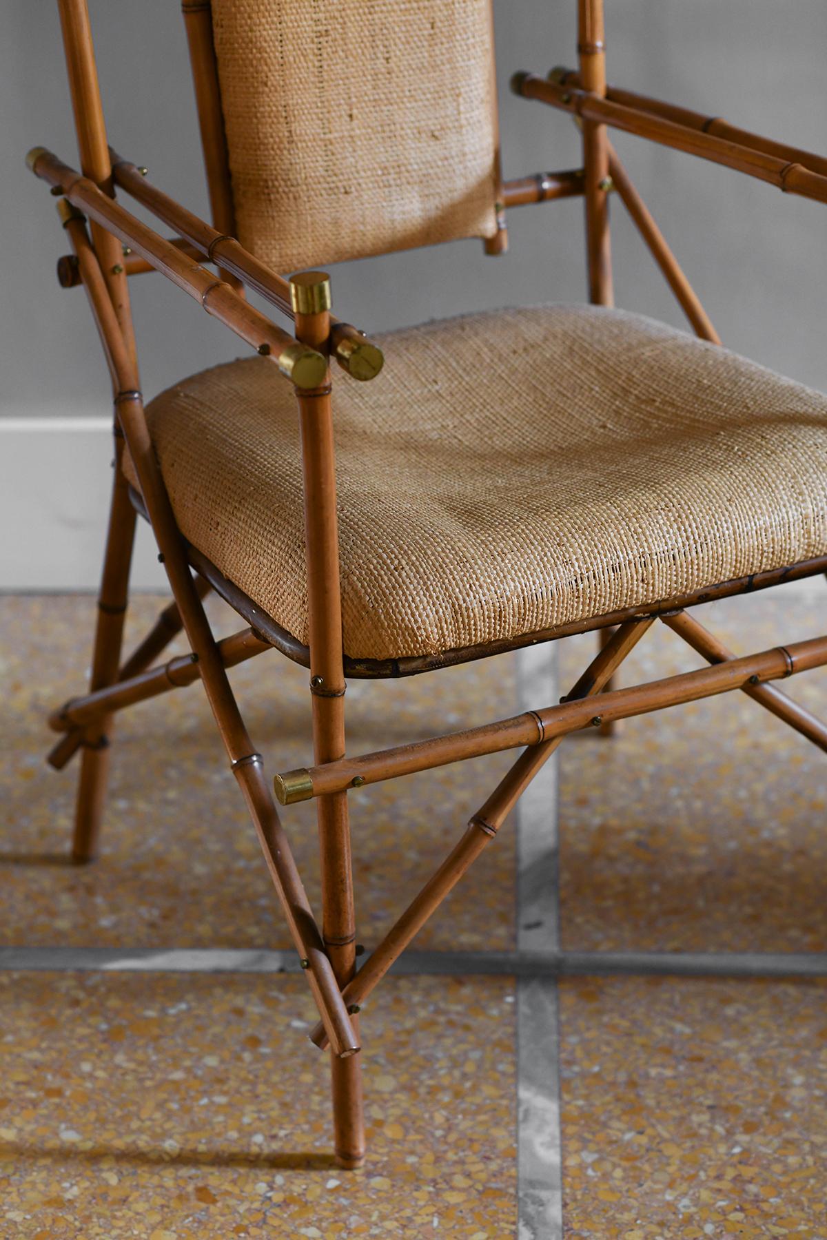 Giusto Puri Purini rattan armchair with brass details and rattan fabric cushions In Good Condition In Roma, RM