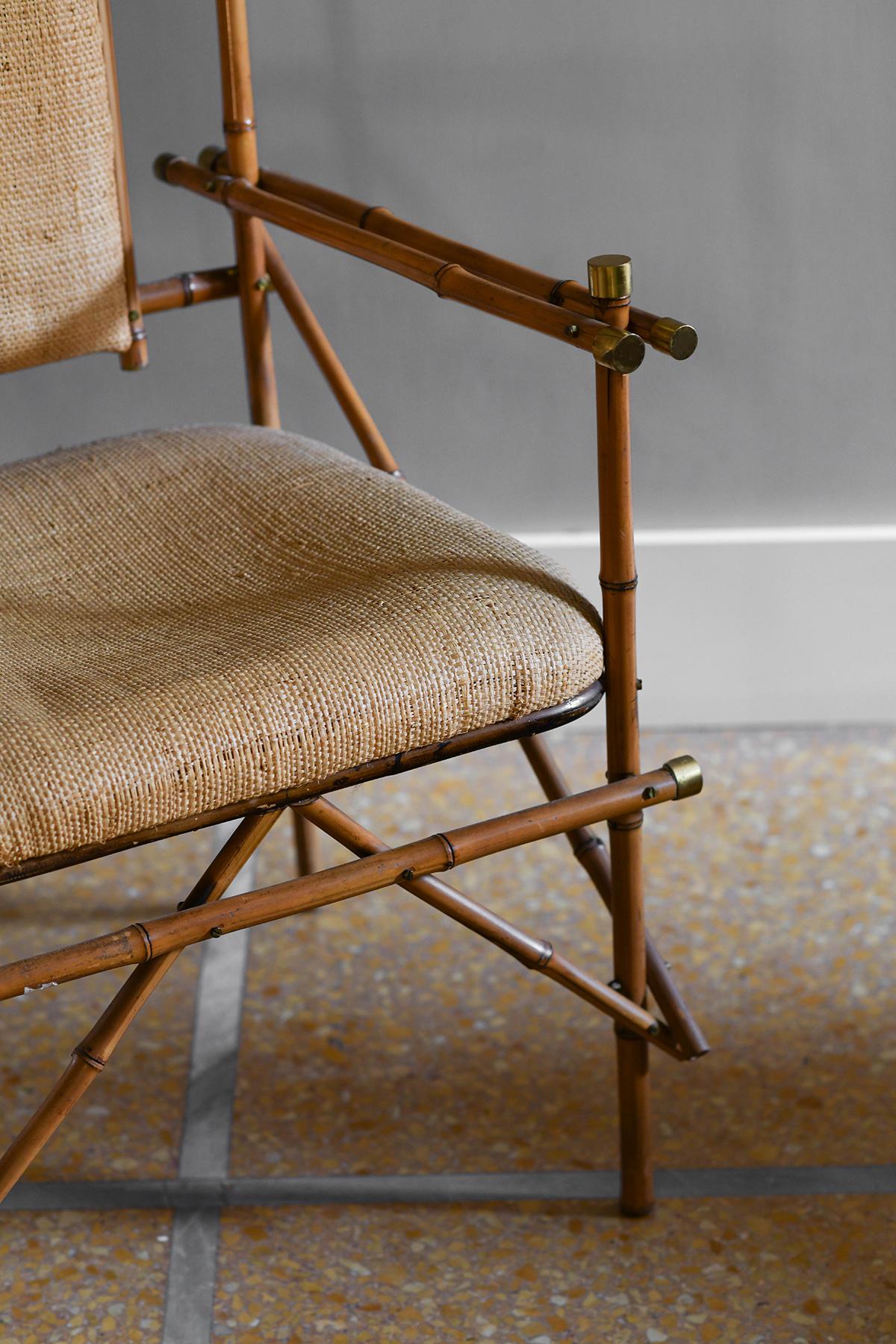 Late 20th Century Giusto Puri Purini rattan armchair with brass details and rattan fabric cushions