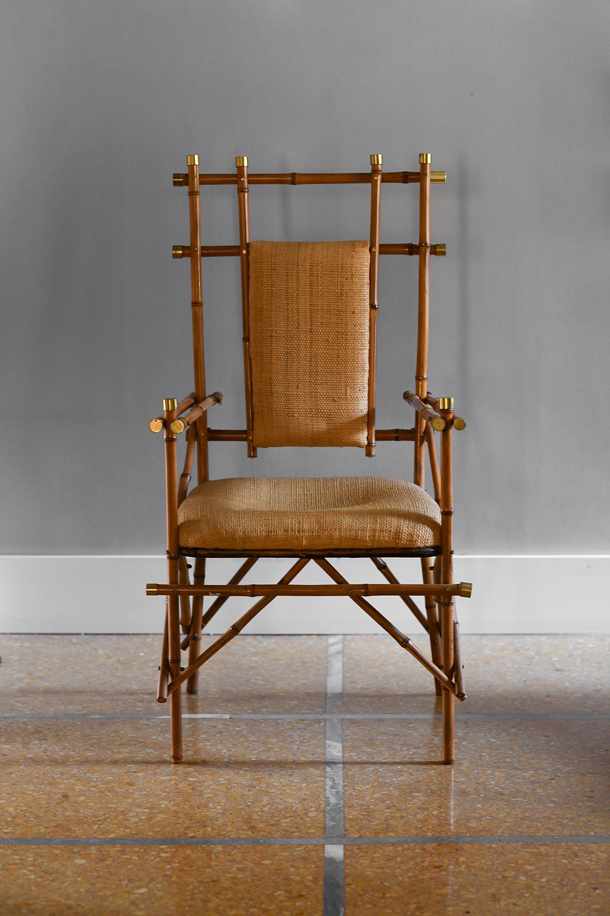 Brass Giusto Puri Purini rattan armchair with brass details and rattan fabric cushions For Sale