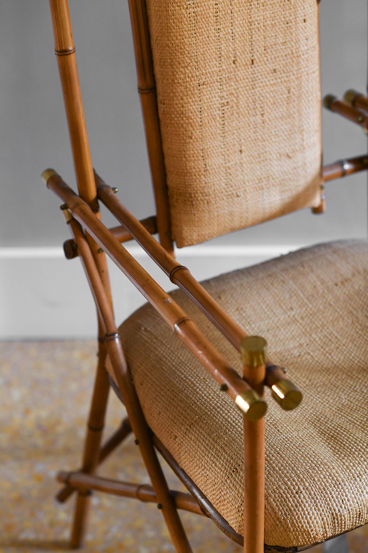 Giusto Puri Purini rattan armchair with brass details and rattan fabric cushions 2