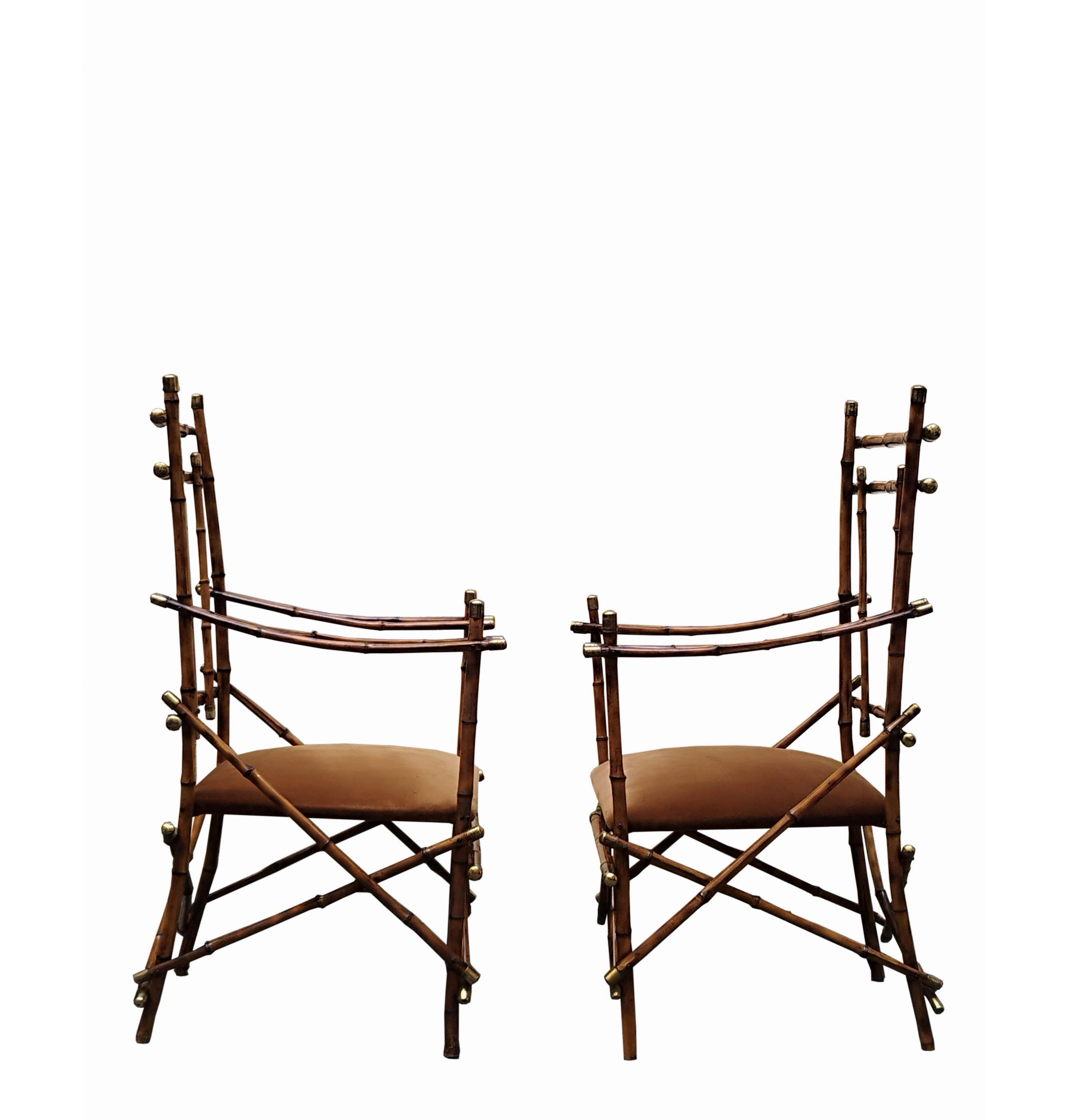 Mid-Century Modern Giusto Puri Purini Set Bamboo and Brass Two Armchairs and Table. Italy 1970s For Sale