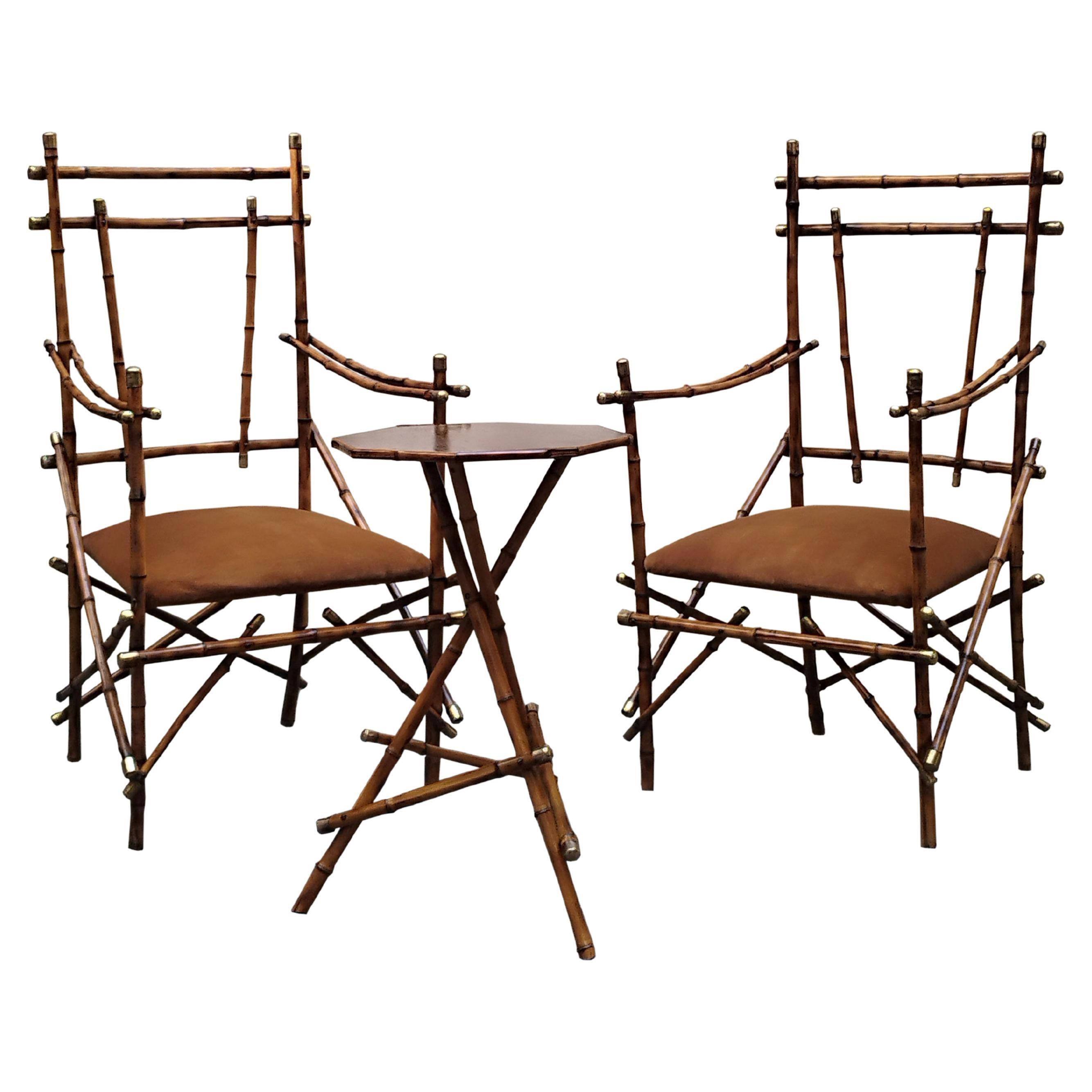 Giusto Puri Purini Set Bamboo and Brass Two Armchairs and Table. Italy 1970s For Sale