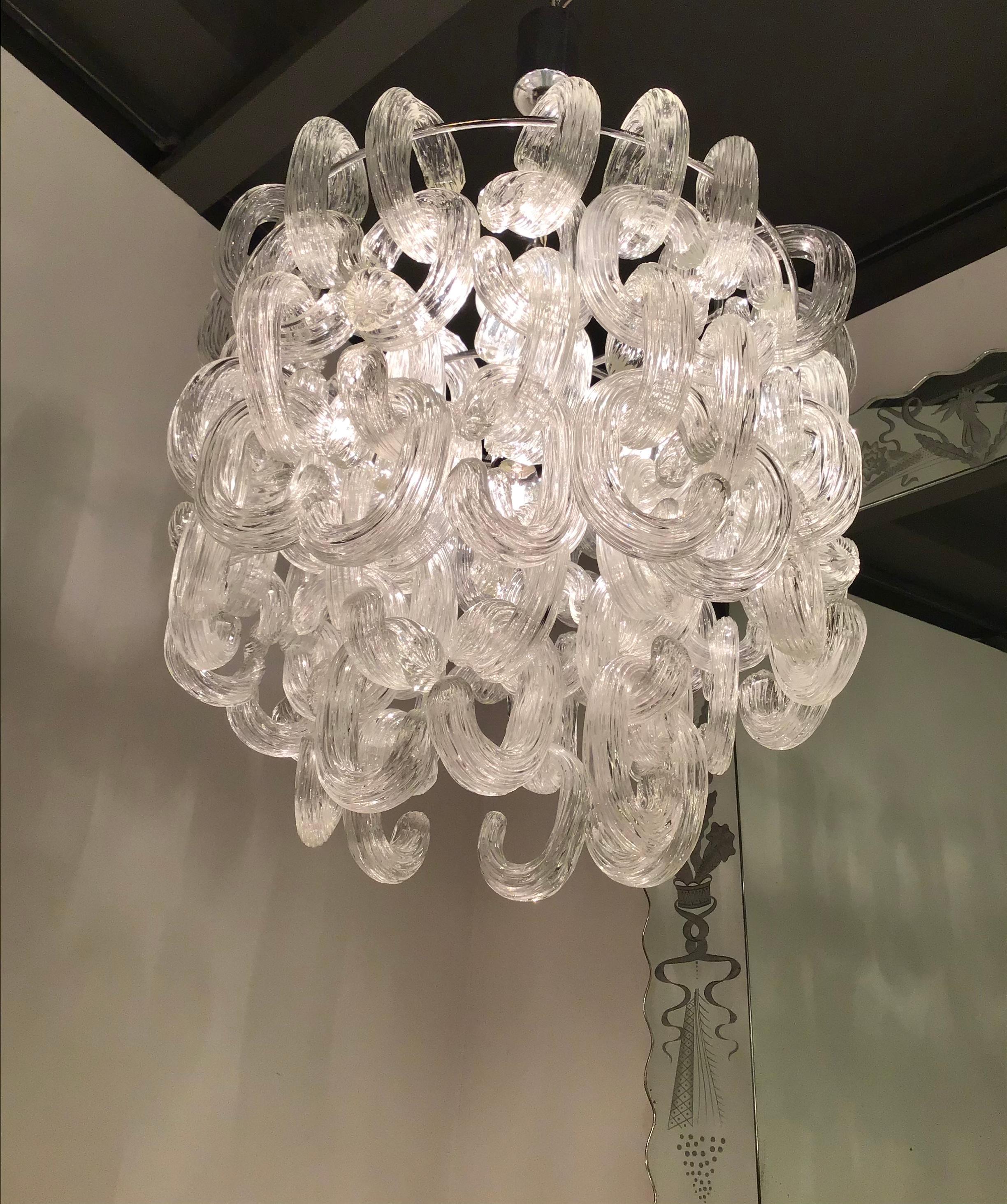 Giusto Toso “Fratelli Toso” gala chandelier Murano glass metal crome, 1960, Italy.