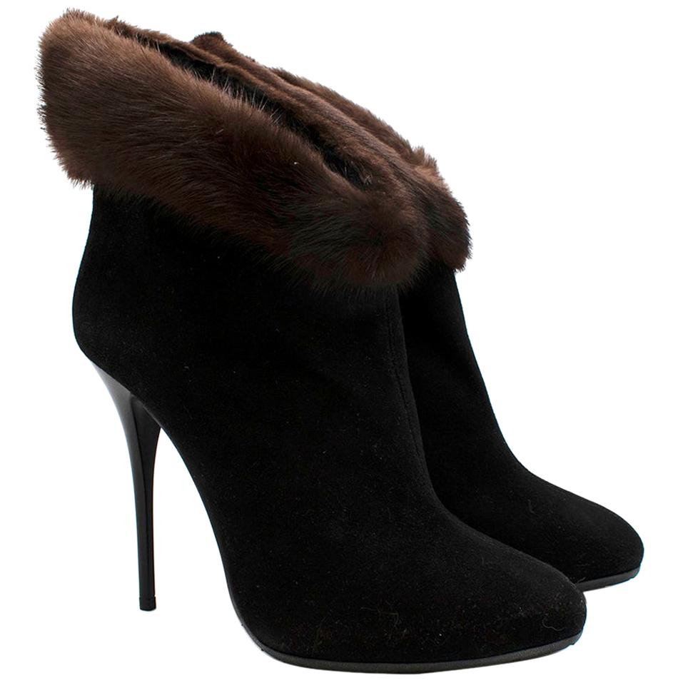 Giuzepe Zanotti Mink Fur Trimmed Black Suede Ankle Boots 40 For Sale
