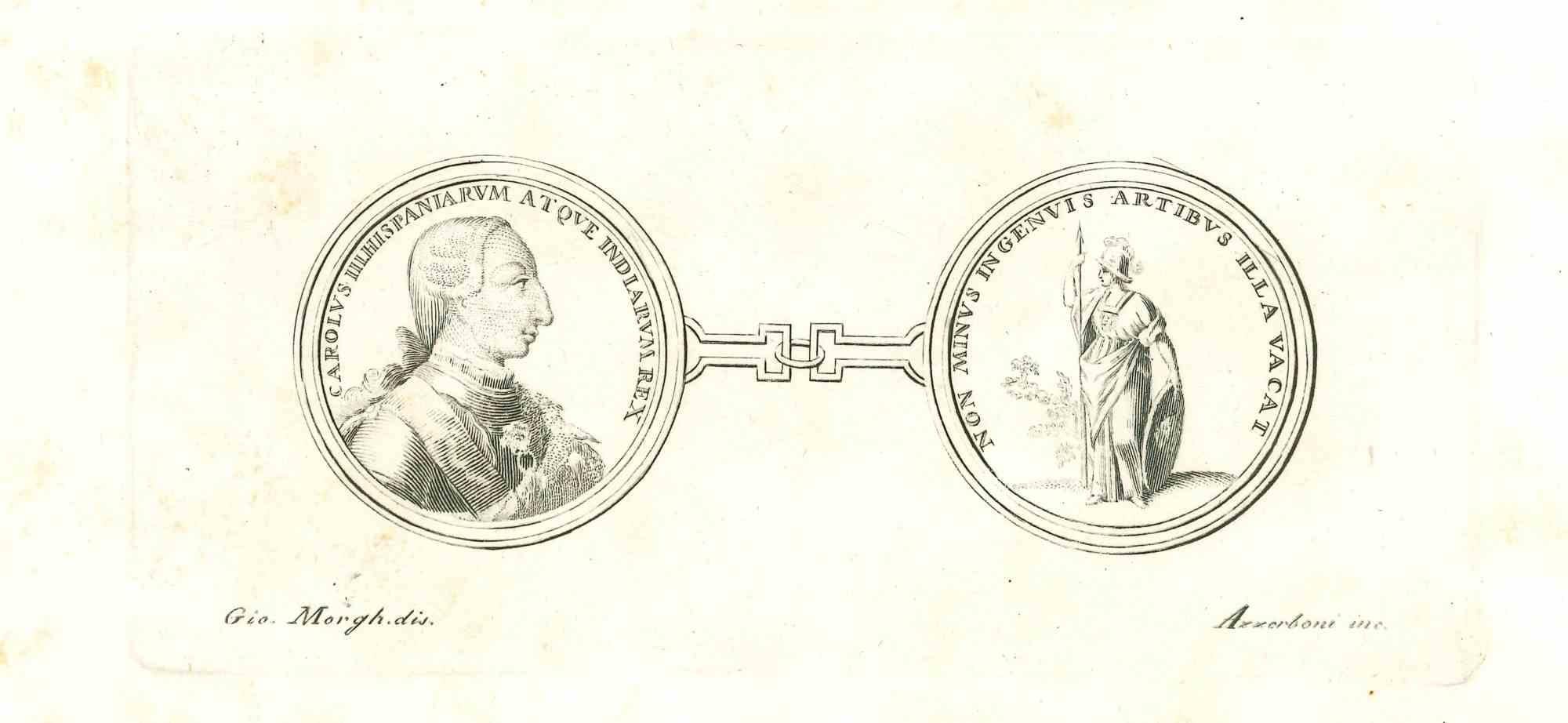 Moderne Münze aus dem Reich der zwei Sizilien, aus der Serie "Antiquitäten von Herculaneum", ist eine Originalradierung auf Papier nach einem Entwurf von Givanni Morghen aus dem 18.

Signiert auf der Platte.

Gute Bedingungen.

Die Radierung gehört