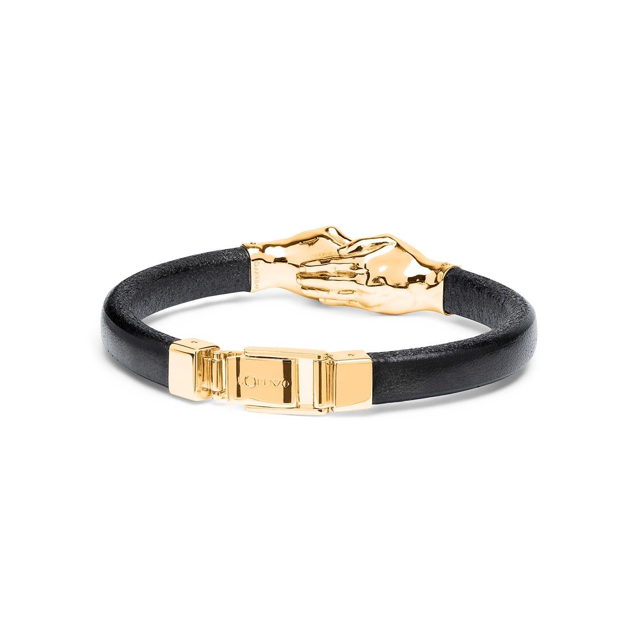 Modern Give and Receive 18 Carat Yellow Gold Bracelet with Leather Strap for Him For Sale